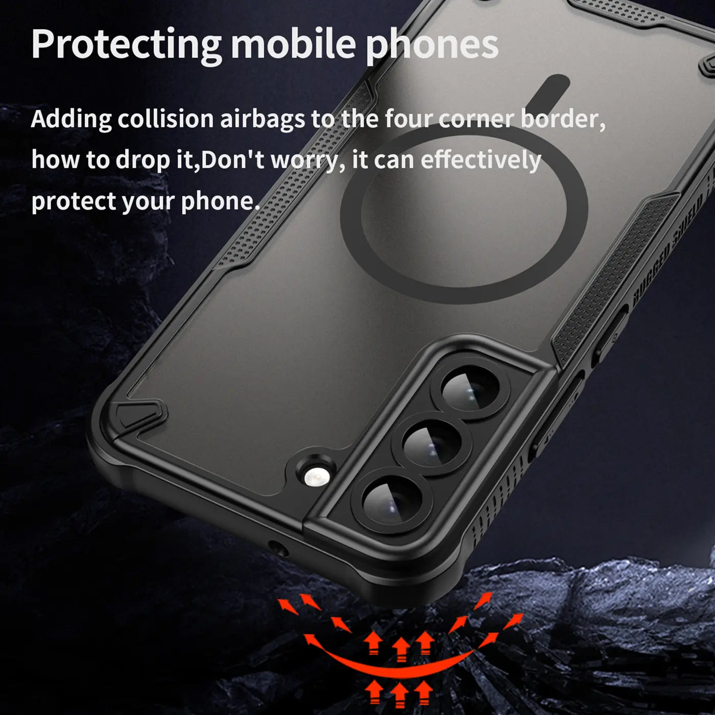 Schwarzes, stoßfestes MagSafe-Case für Samsung Galaxy S22, von schräg oben fotografiert.