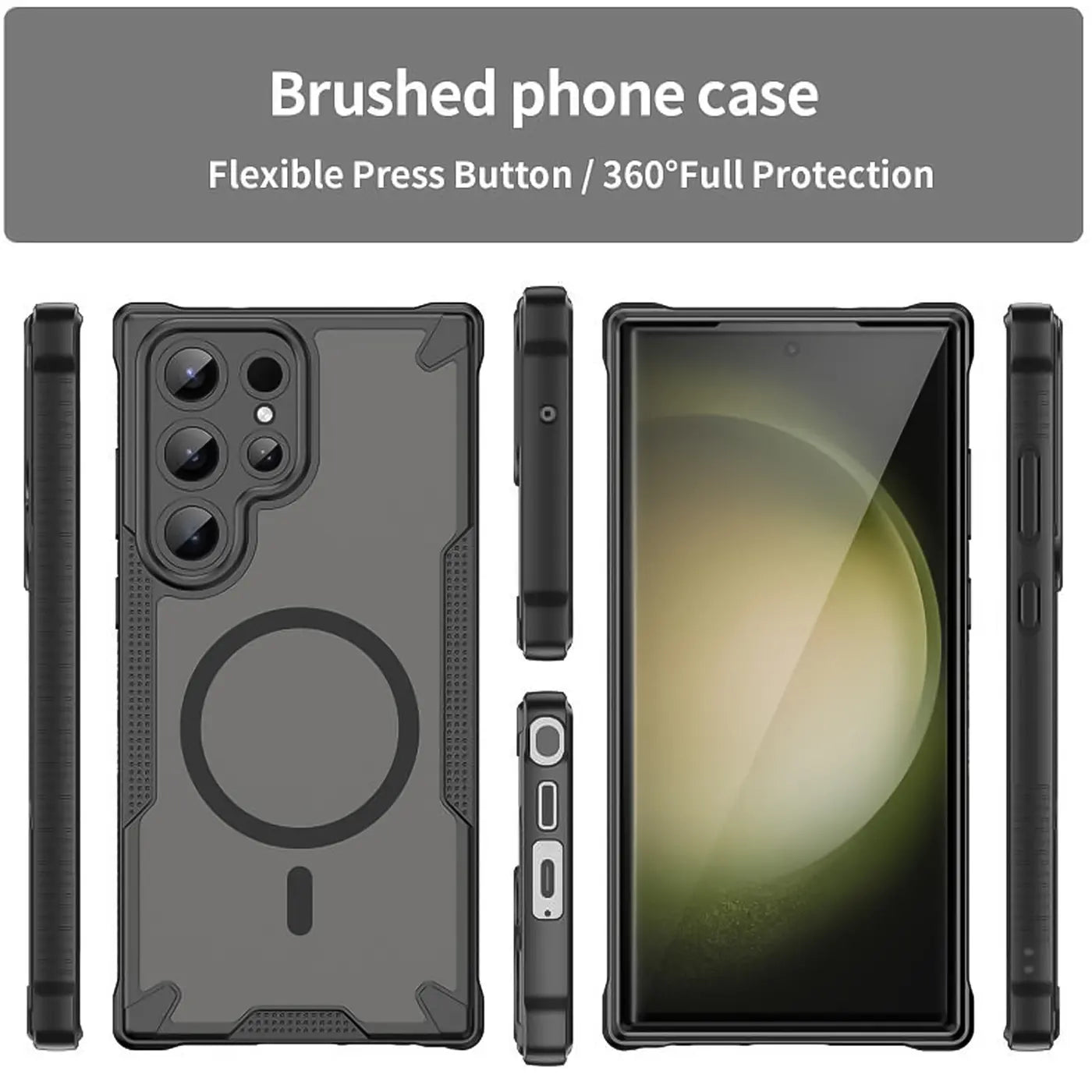 Graues, stoßfestes MagSafe-Case für Samsung Galaxy S22 Ultra, verschiedene Ansichten.