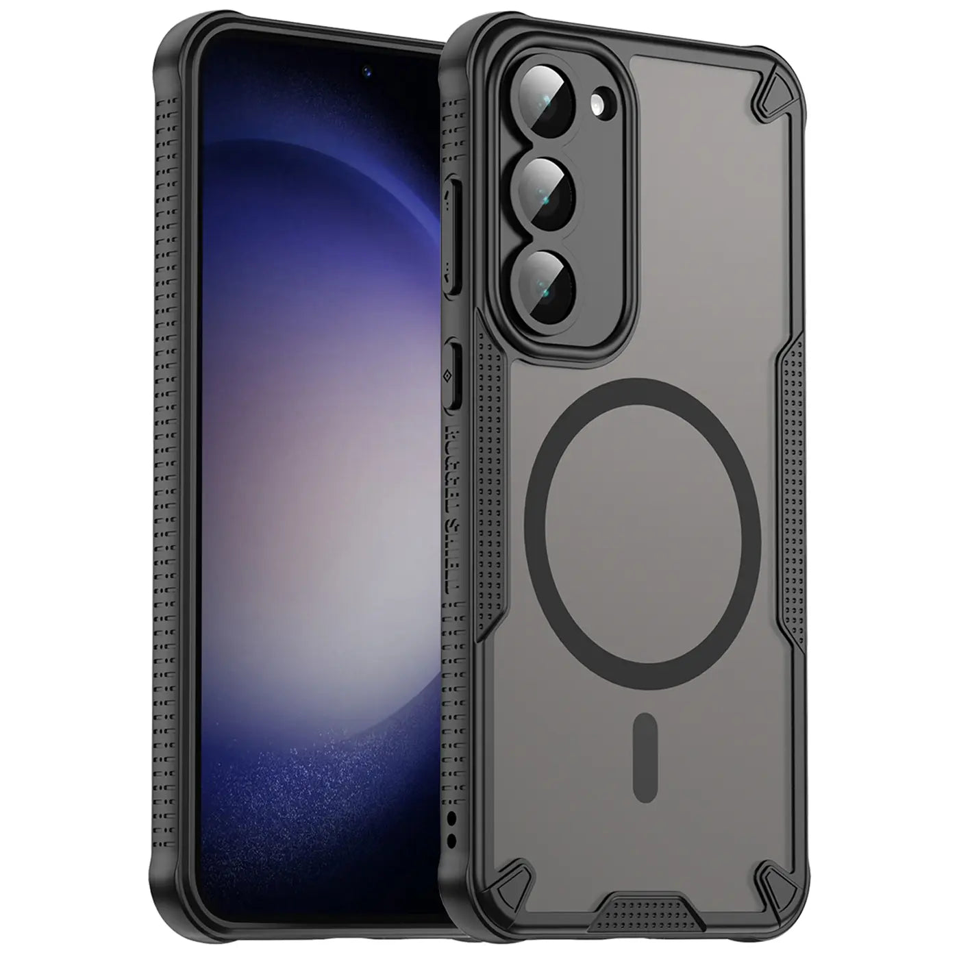Schwarzes MagSafe-Case aus Kunststoff für Samsung Galaxy S23, von vorne schräg gezeigt.