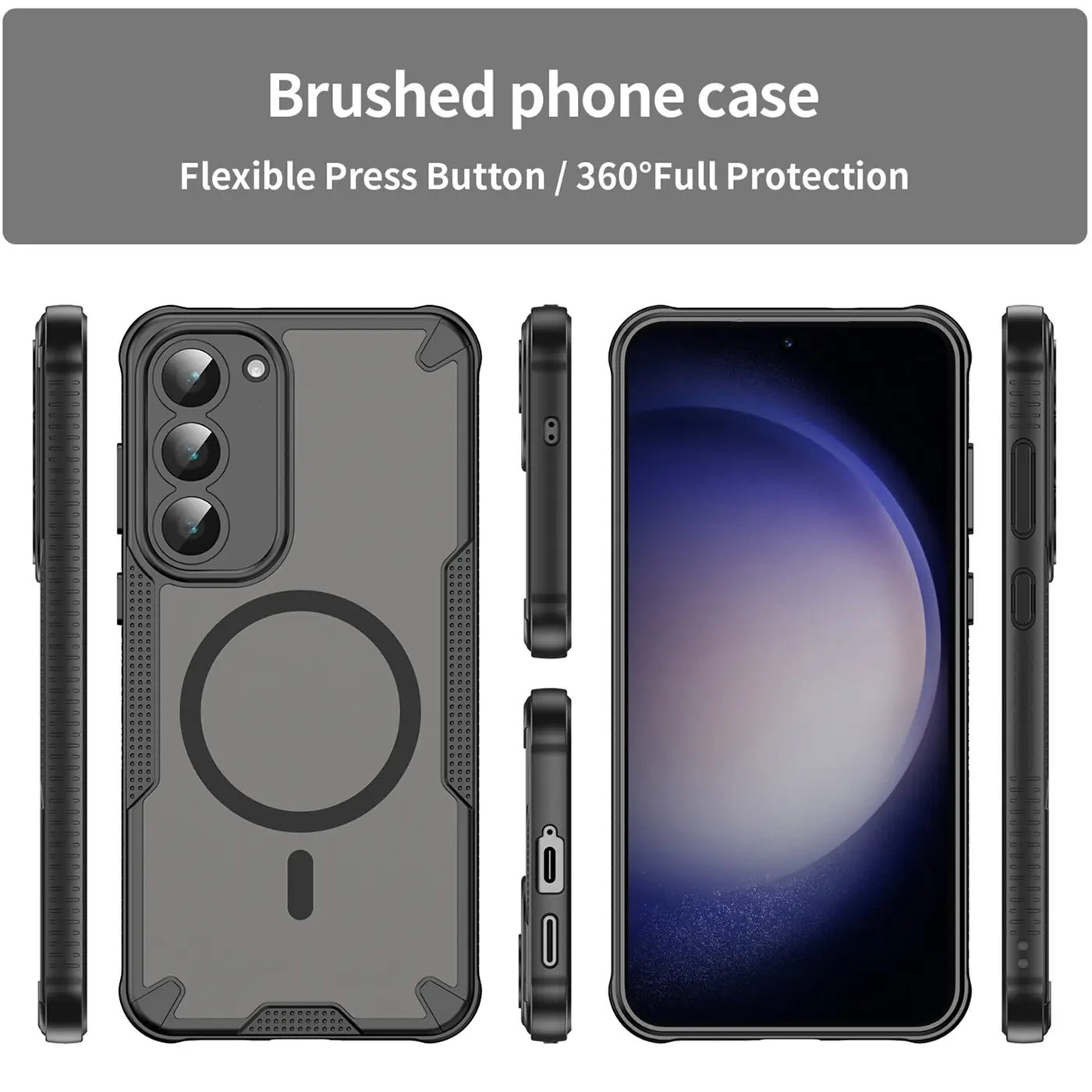 Graues, stoßfestes Handyhülle mit MagSafe für Samsung S23, verschiedene Ansichten.