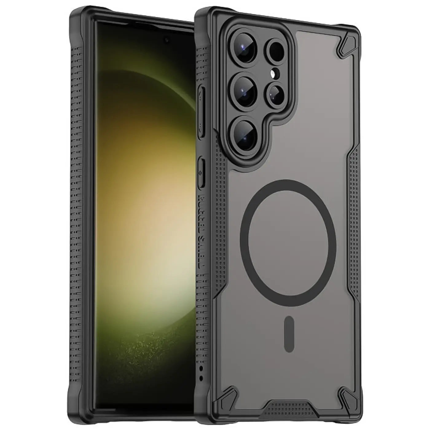 Samsung Galaxy S23 Ultra mit schwarzem MagSafe-Case, von vorne links, stoßfestes Material.