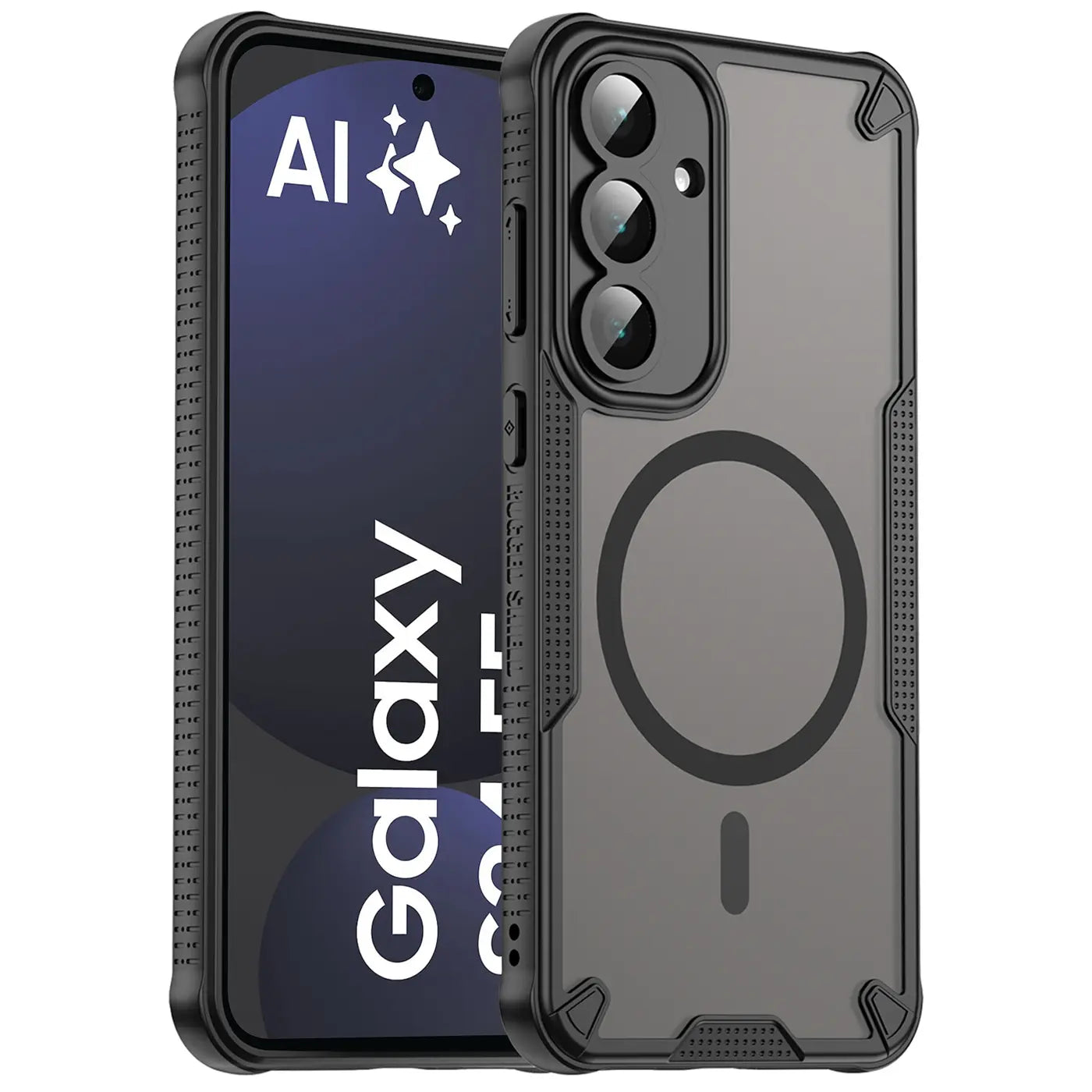 Schwarzes, stoßfestes MagSafe-Case aus Kunststoff für Samsung Galaxy S24 FE, von vorne links