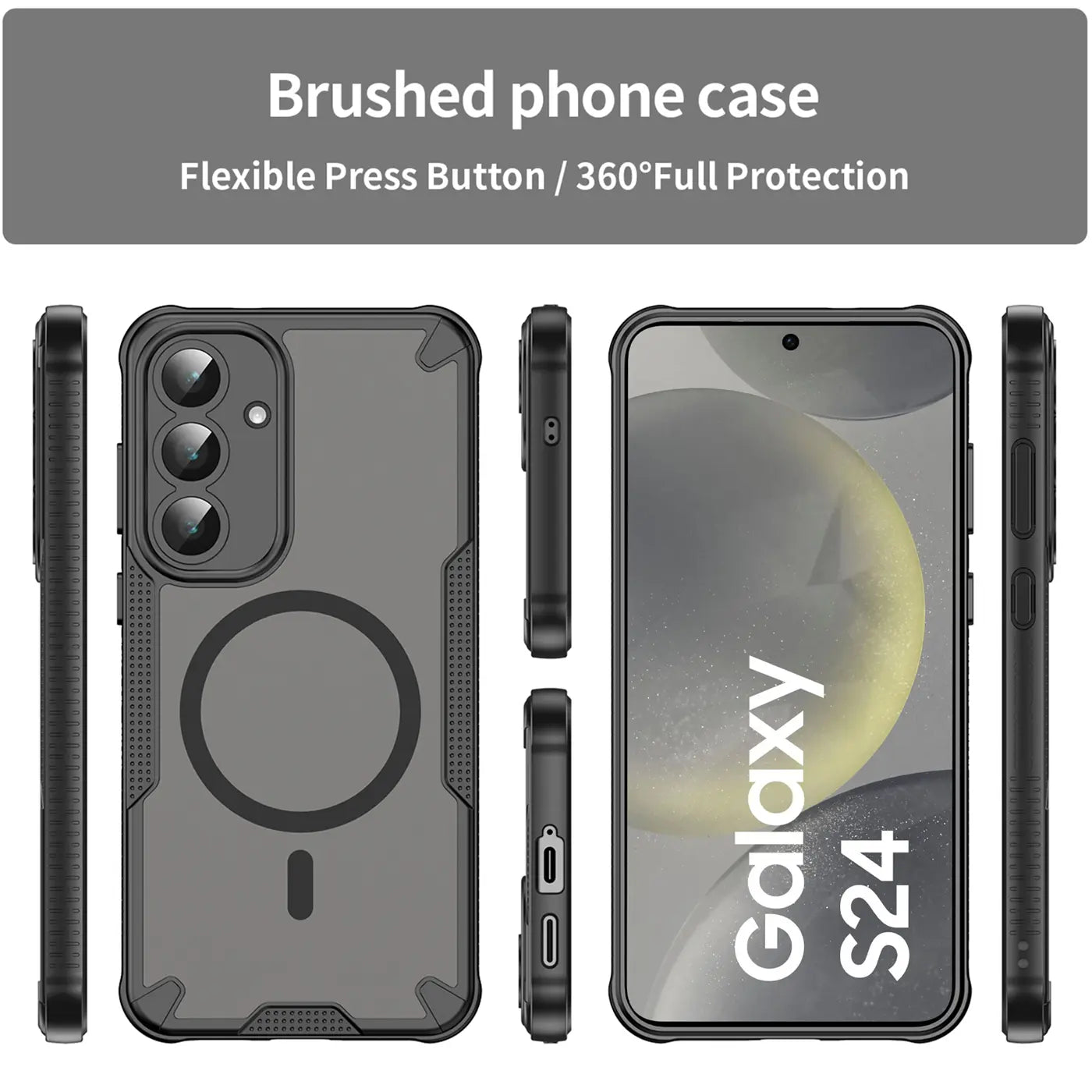Schwarzes, stoßfestes Handyhülle für Samsung Galaxy S24, MagSafe, verschiedene Ansichten.