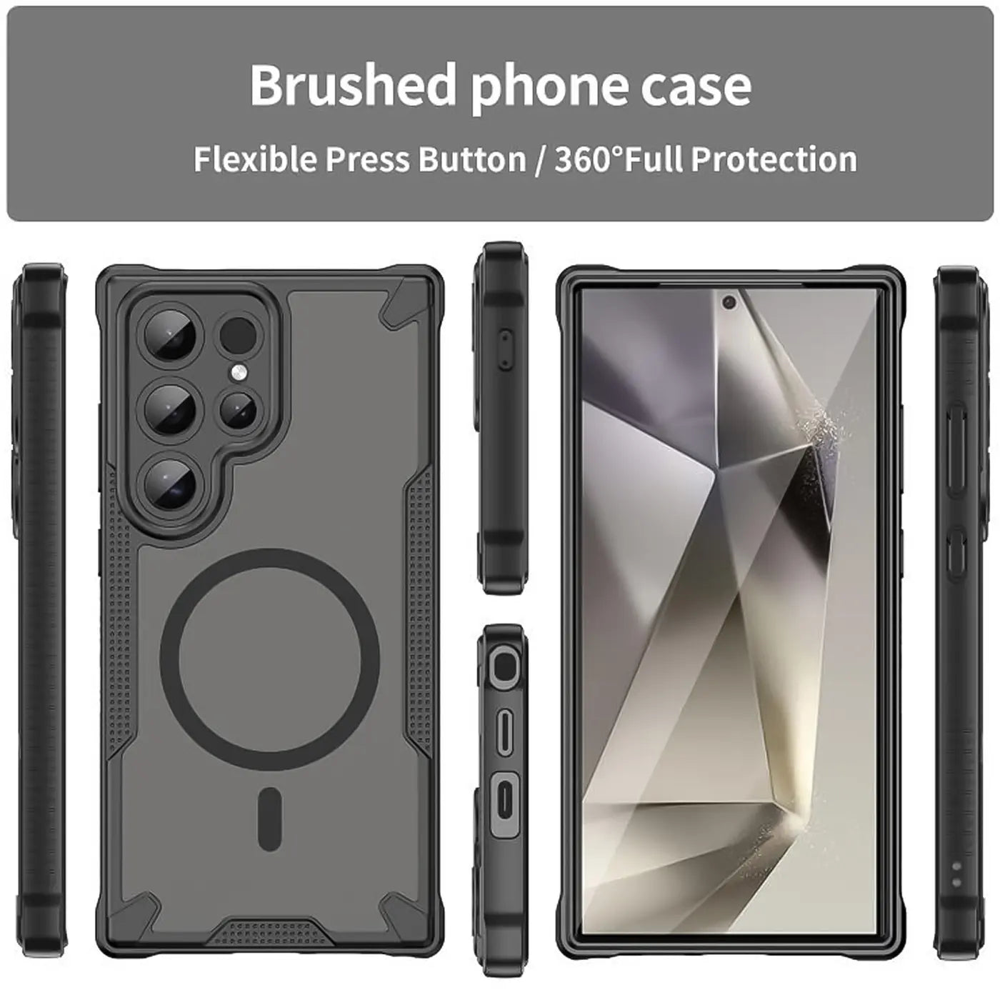 Graues, stoßfestes Handyhülle mit MagSafe für Samsung S24 Ultra, verschiedene Ansichten.