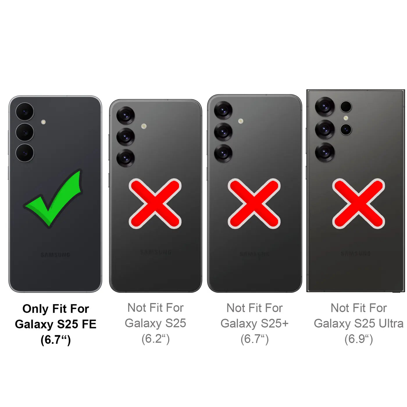 Vier schwarze Smartphones nebeneinander, eines mit grünem Haken, drei mit roten Kreuzen.