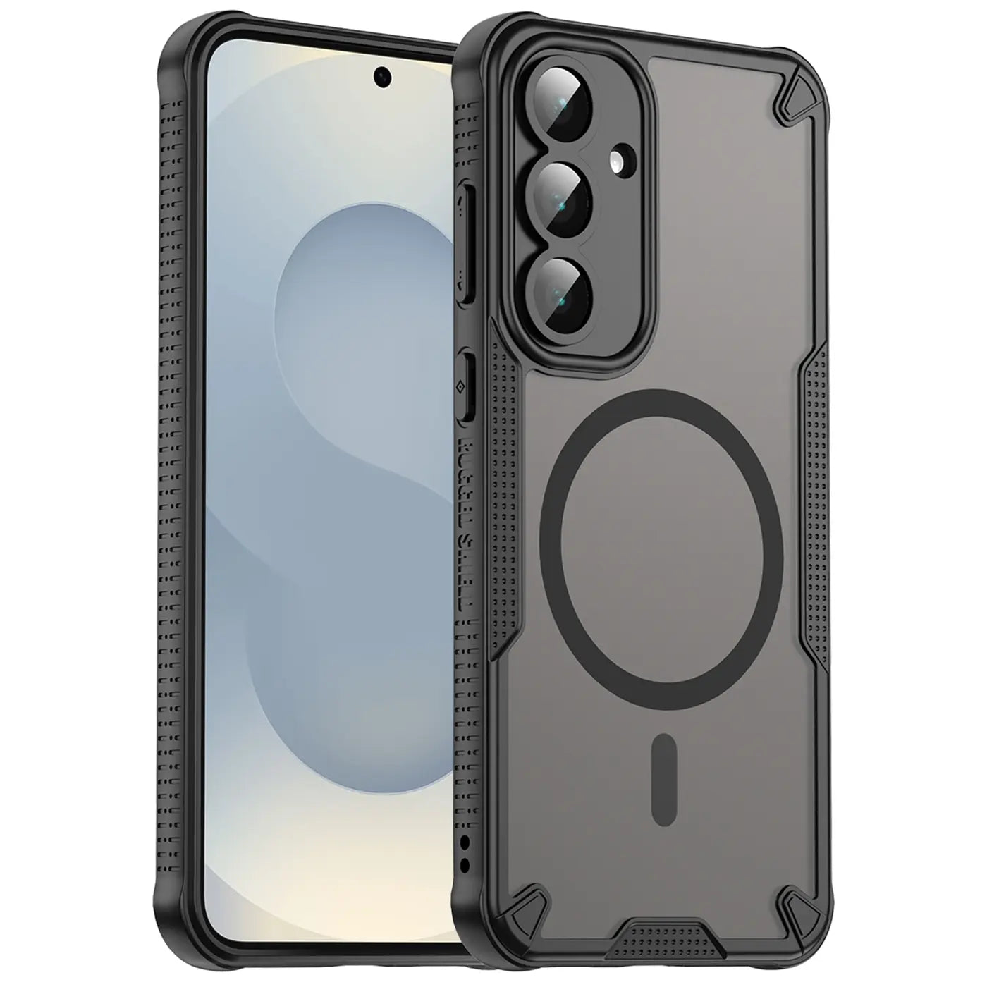 Schwarzes, stoßfestes MagSafe-Case aus Kunststoff für Samsung Galaxy S25 Plus, von vorne links.