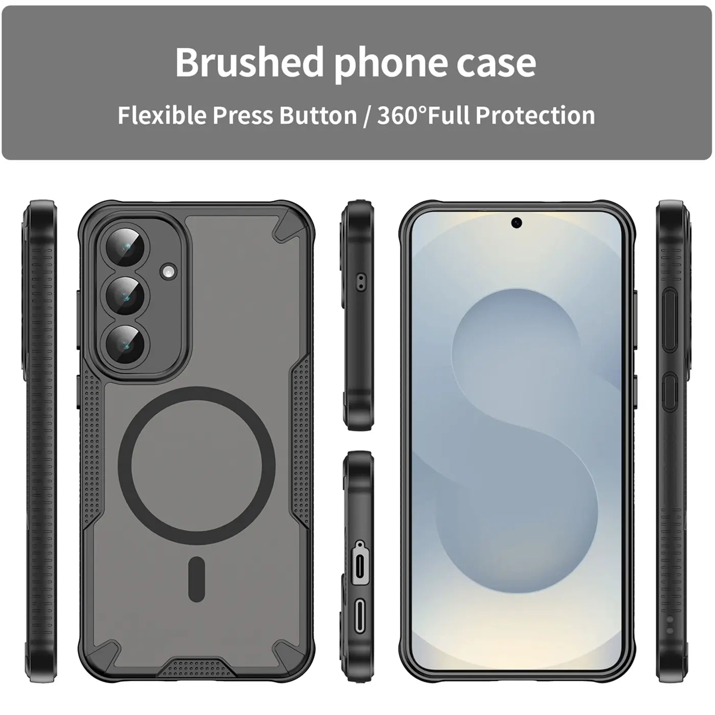 Schwarzes Handyhülle aus Kunststoff für Samsung Galaxy S25 Plus, von vorne und Seite gezeigt.