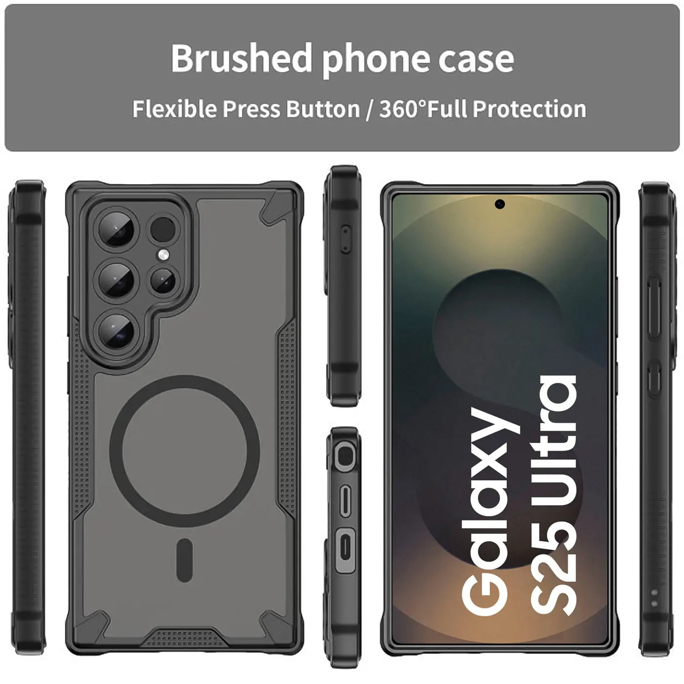 Graues Handyhülle aus Kunststoff mit MagSafe-Ring, zeigt Samsung S25 Ultra von vorne und hinten.