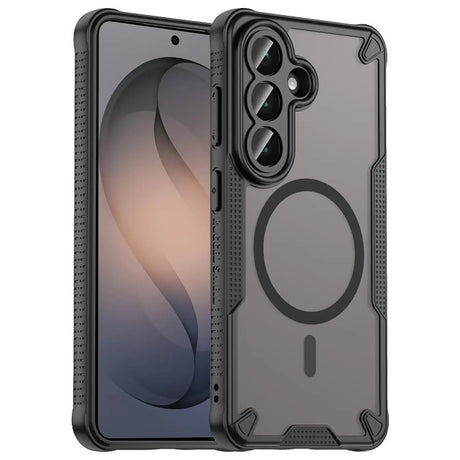 Schwarzes MagSafe Case aus Kunststoff mit transparentem Rückteil, seitliche Ansicht, für Samsung Galaxy S26.