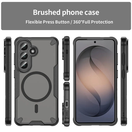 Graues, stoßfestes Handyhülle aus Kunststoff, von vorne und Seite, für Samsung Galaxy S26.