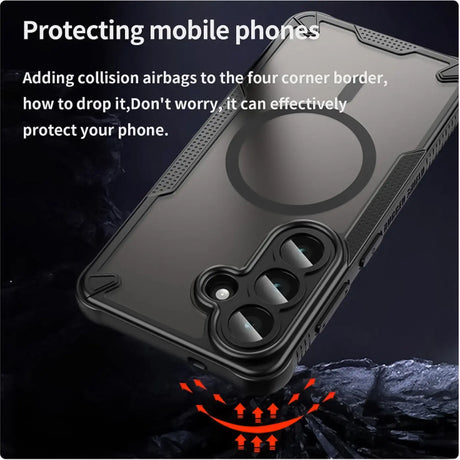 Schwarzes, stoßfestes MagSafe-Case für Samsung Galaxy S26, von schräg oben.