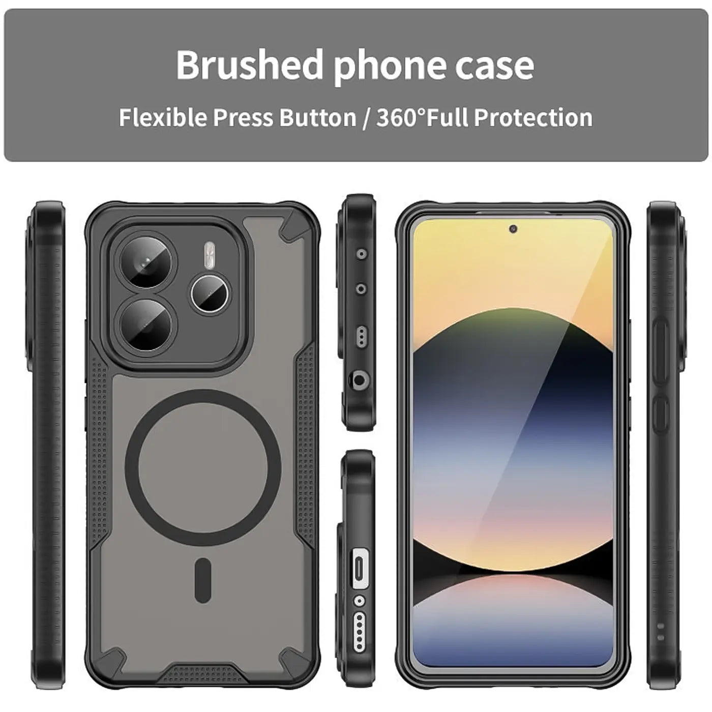 Graue Handyhülle aus Kunststoff mit MagSafe-Ring, Vorderansicht eines Smartphones, Seitenansichten.