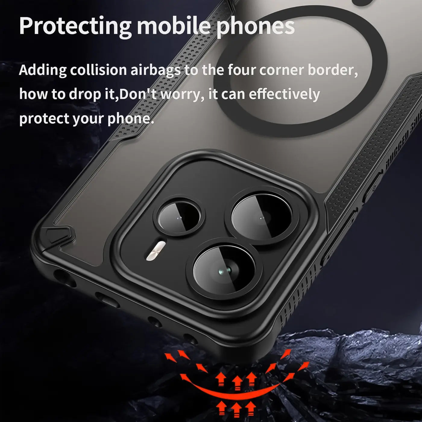 Schwarzes, stoßfestes Handycase aus Kunststoff, Nahaufnahme, Rückseite mit Kamera, MagSafe-Ring