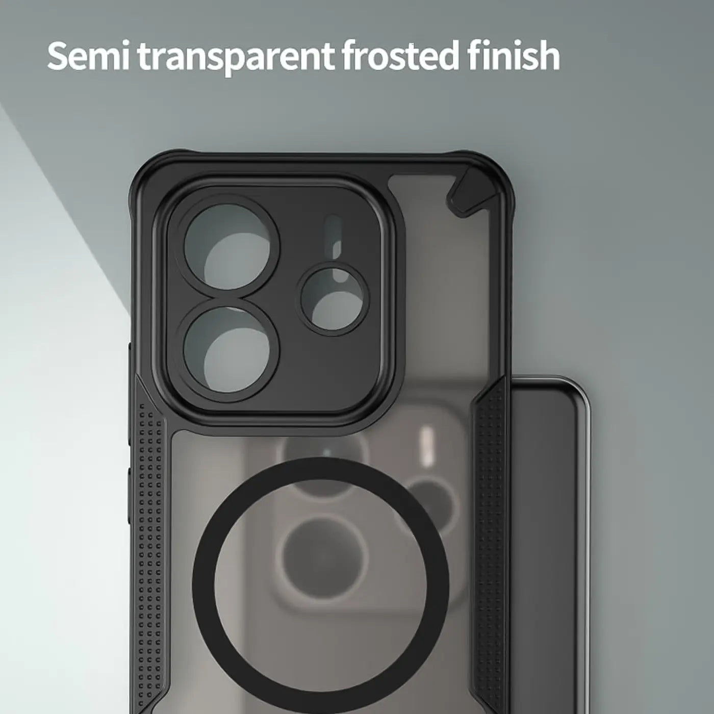 Graue, halbtransparente Hülle mit MagSafe-Ring für Xiaomi Redmi Note 14 5G, Nahaufnahme.