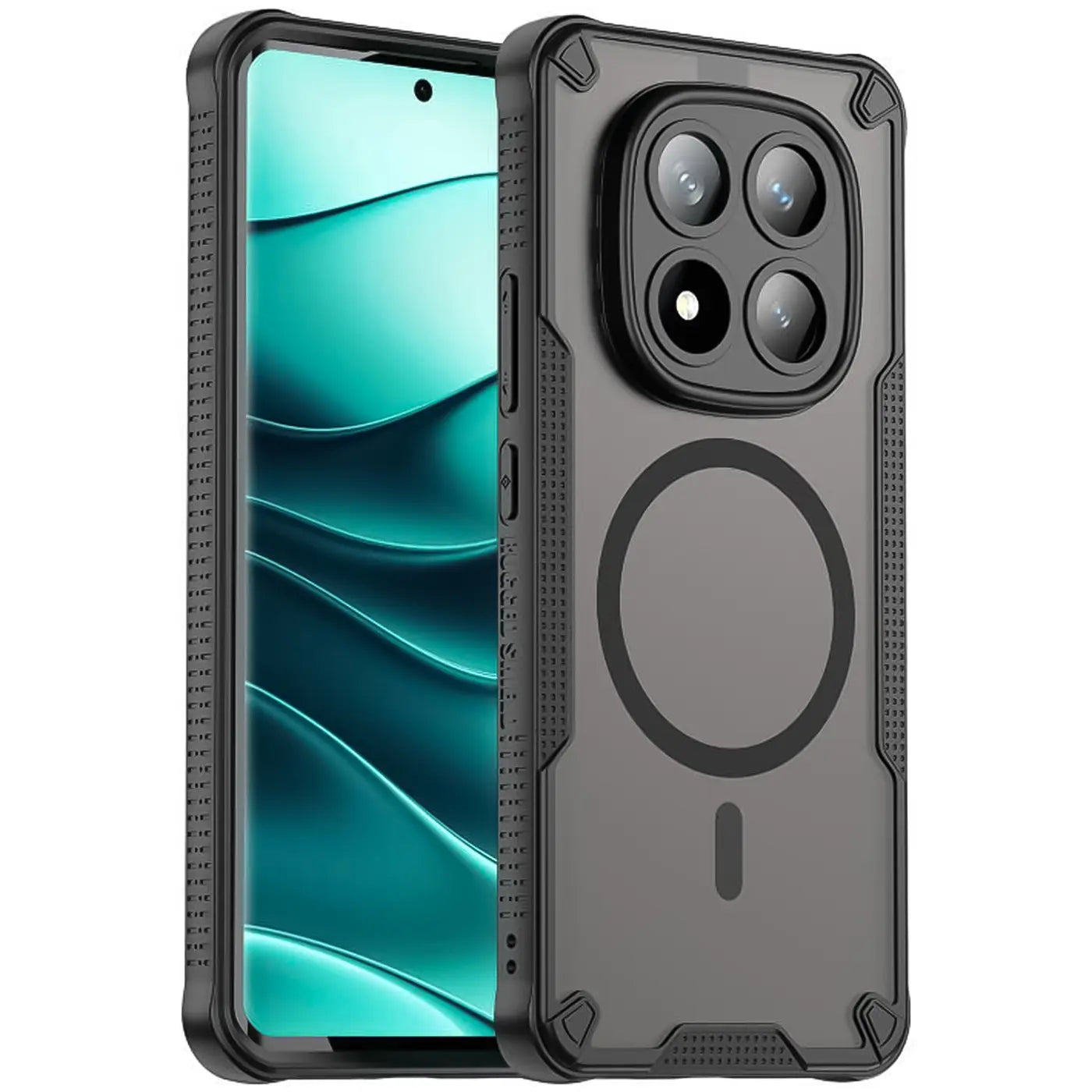 Schwarzes, stoßfestes MagSafe-Case aus Kunststoff für Xiaomi Redmi Note 14 Pro 5G, Seitenansicht.