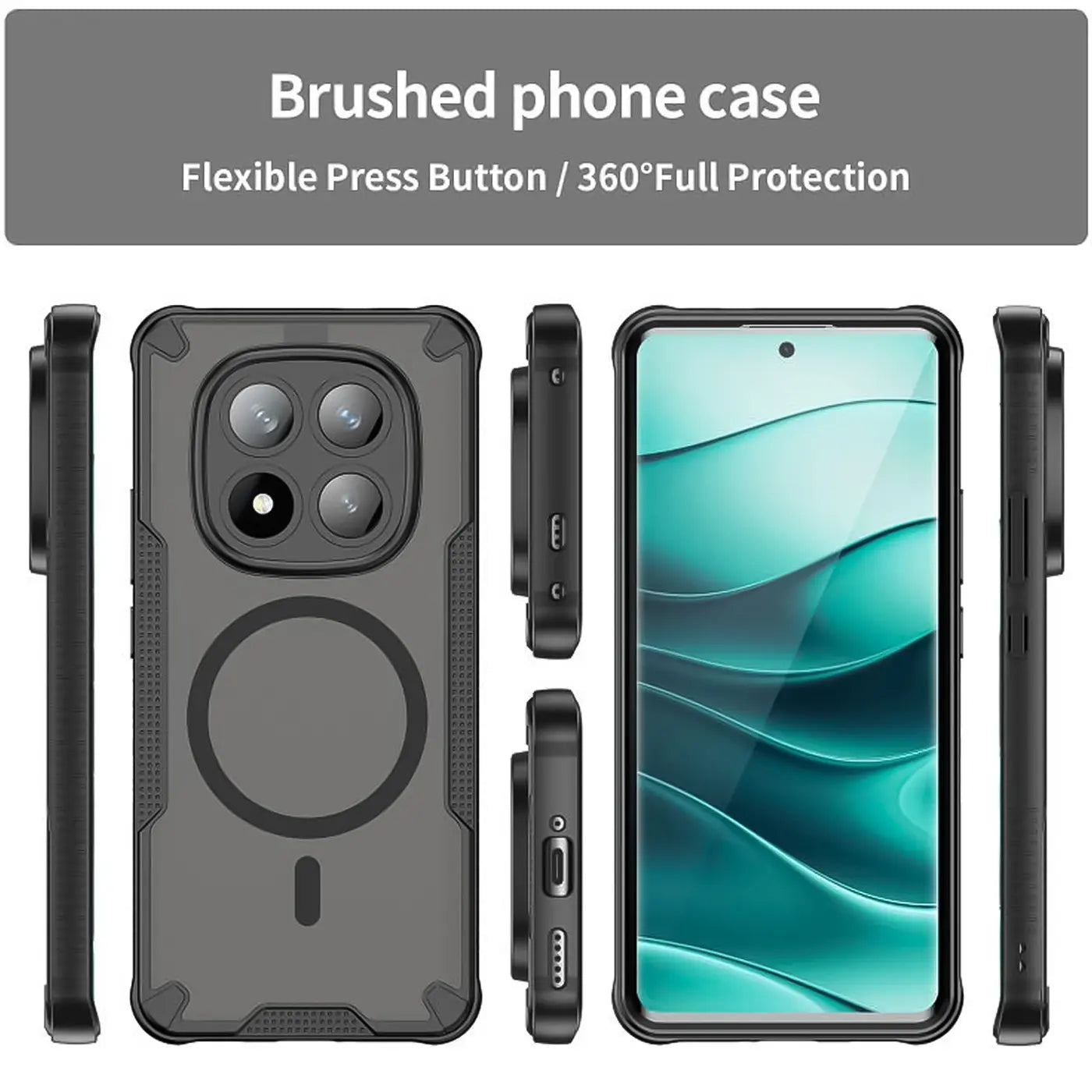 Graue Handyhülle aus Kunststoff mit MagSafe-Ring, verschiedene Ansichten, erkennbares Smartphone.