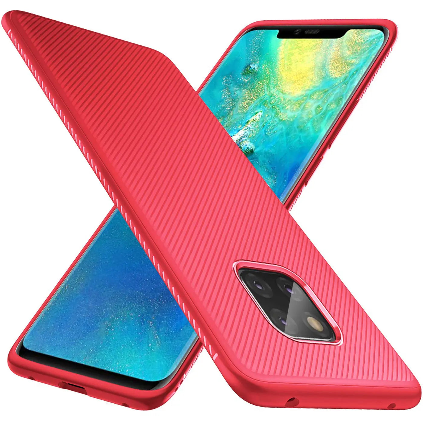 Rote, gerippte Silikonhülle für Huawei Mate 20 Pro, von oben rechts nach unten links gekreuzt, Vorder- und Rückseite.