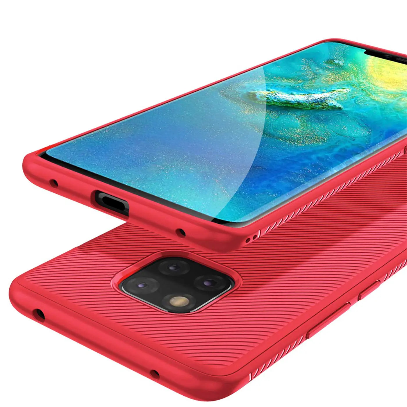 Rote, geriffelte Silikonhülle für Huawei Mate 20 Pro, schräg von oben mit Display und Kameraausschnitt.