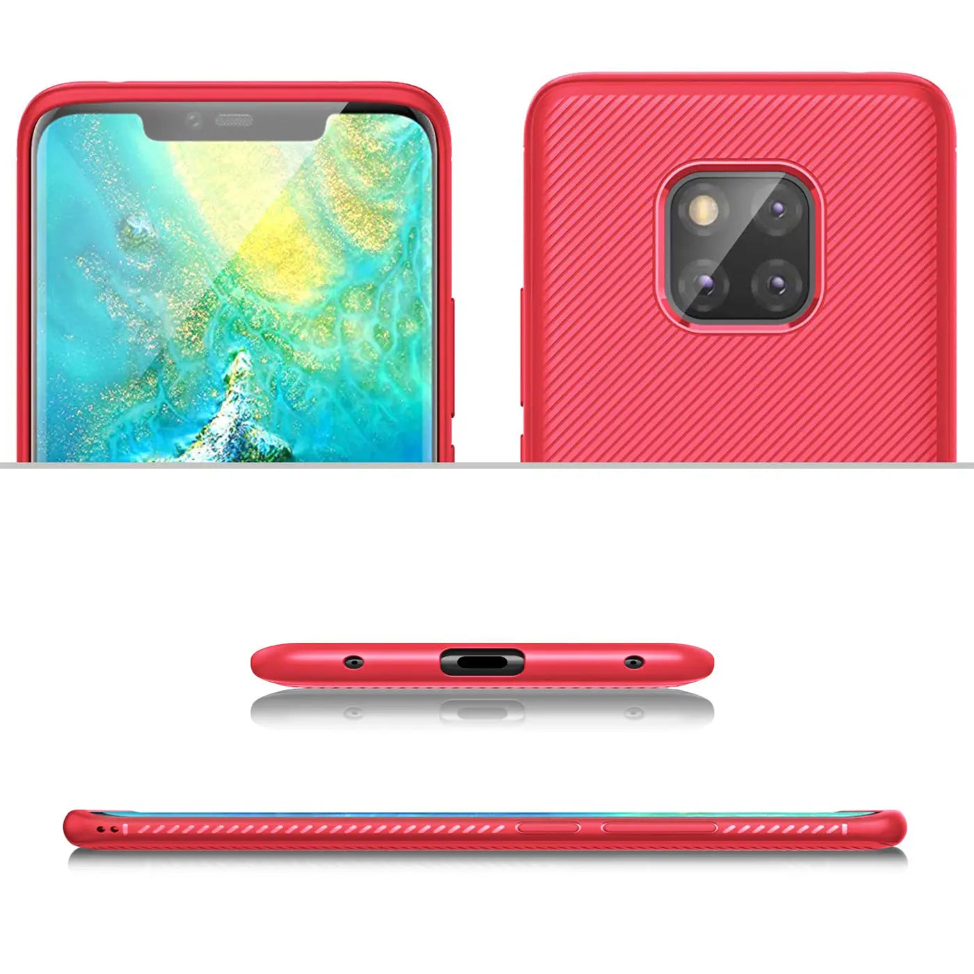 Rote, gerippte Silikonhülle für Huawei Mate 20 Pro, Ansichten von Vorderseite, Rückseite, Ober- und Unterkante.