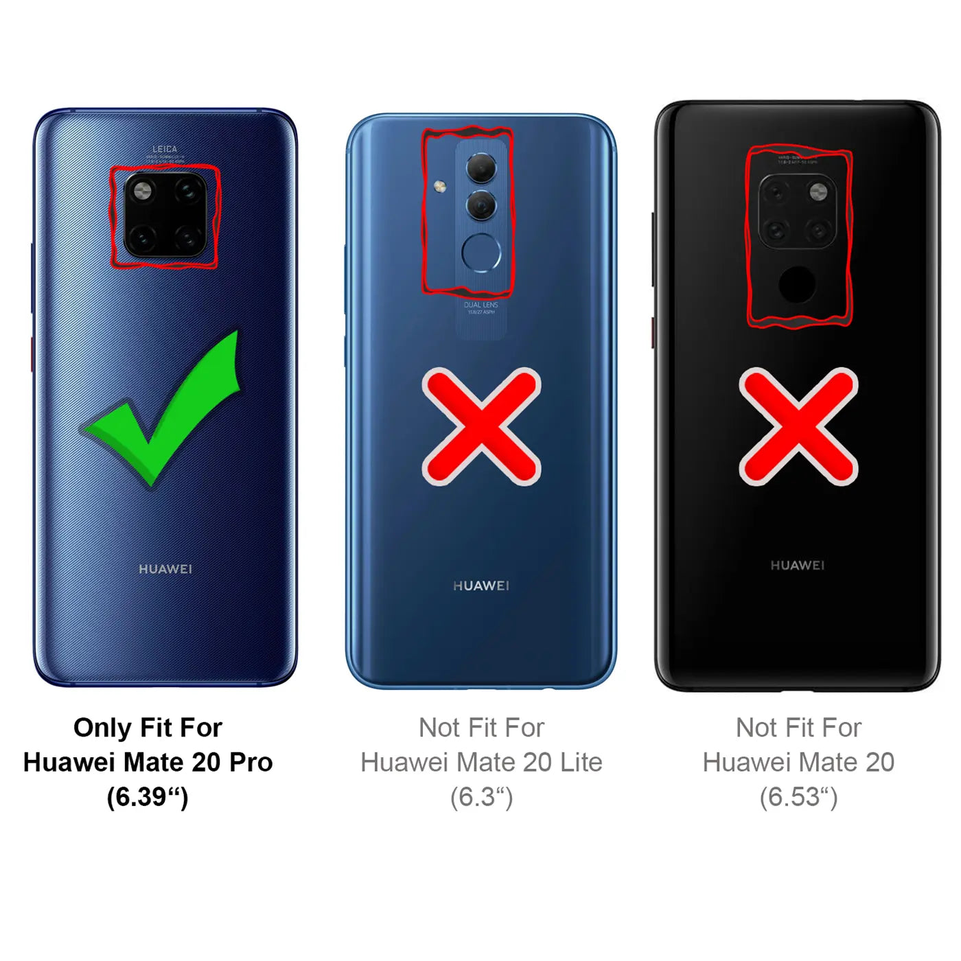 Rückseite von 3 Huawei Mate Smartphones: Mate 20 Pro (blau, Hülle passt), Mate 20 Lite (blau, passt nicht), Mate 20.