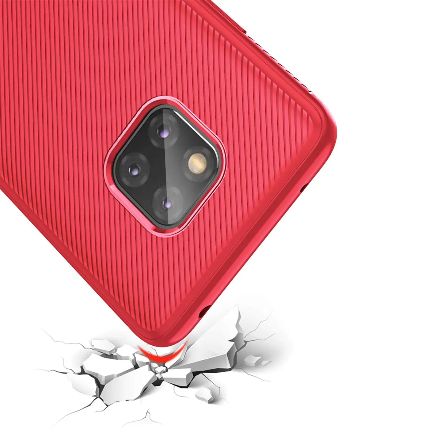 Rote, geriffelte Silikonhülle für Huawei Mate 20 Pro, schräg von hinten, mit angedeutetem Aufprallschutz am Eck.