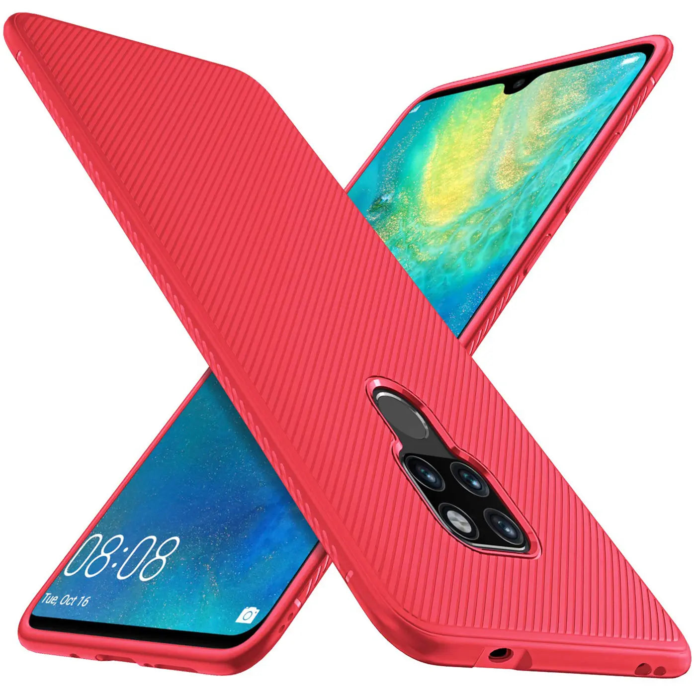 Rote Huawei Mate 20 Hülle aus Kunststoff mit Längsrillen, von schräg oben fotografiert.