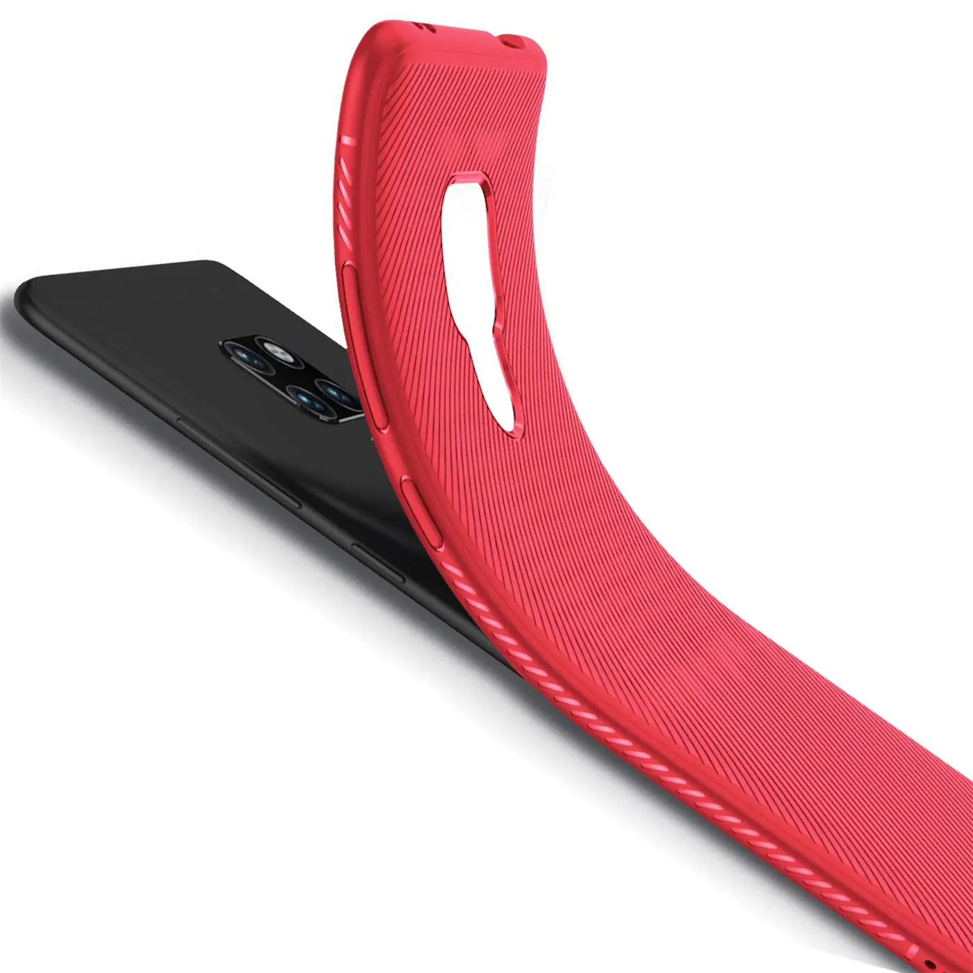 Rote, flexible Hülle mit Muster, von oben auf ein schwarzes Huawei Mate 20 gelegt.