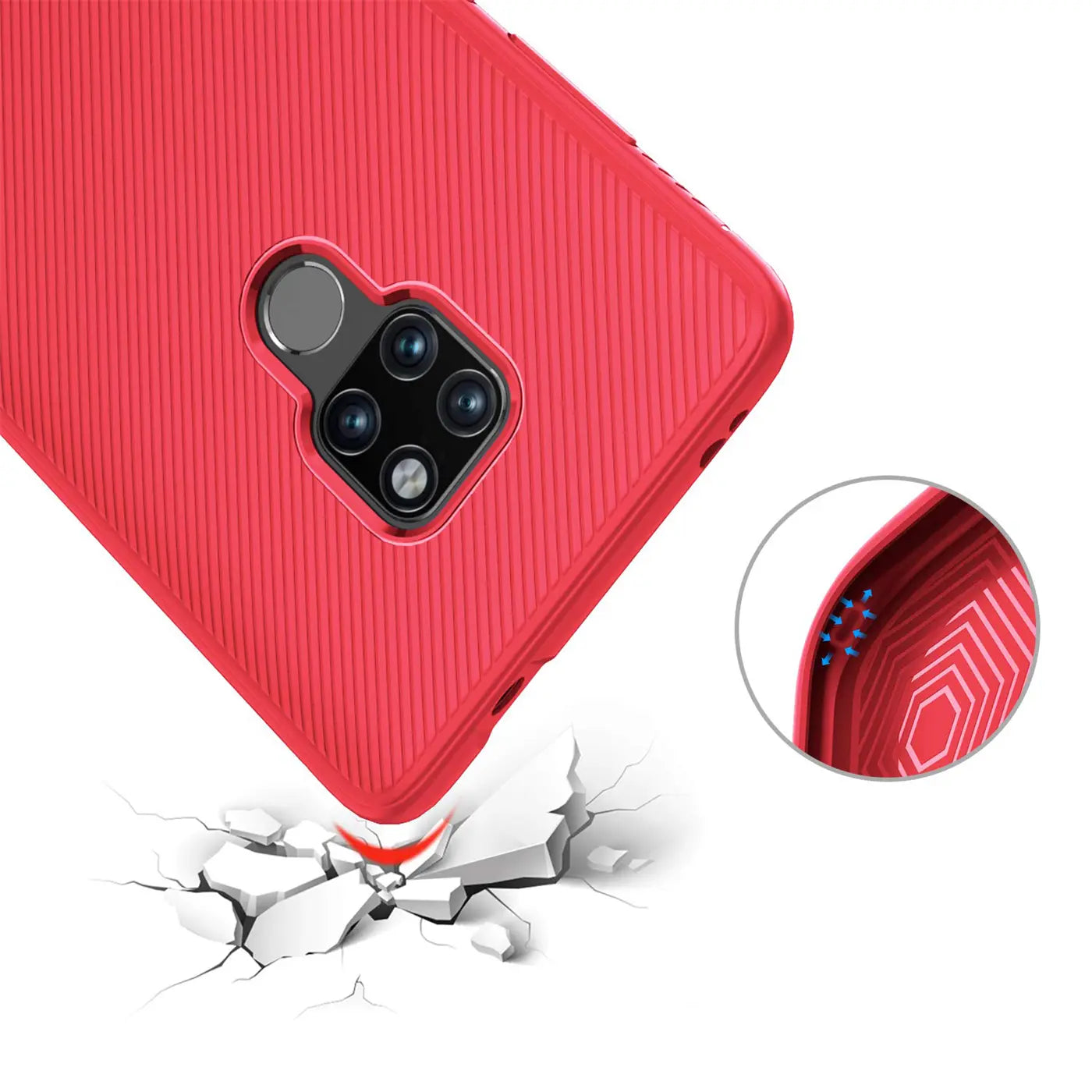 Rote Handyhülle aus Gummi, Rückansicht, Huawei Mate 20, Nahaufnahme.