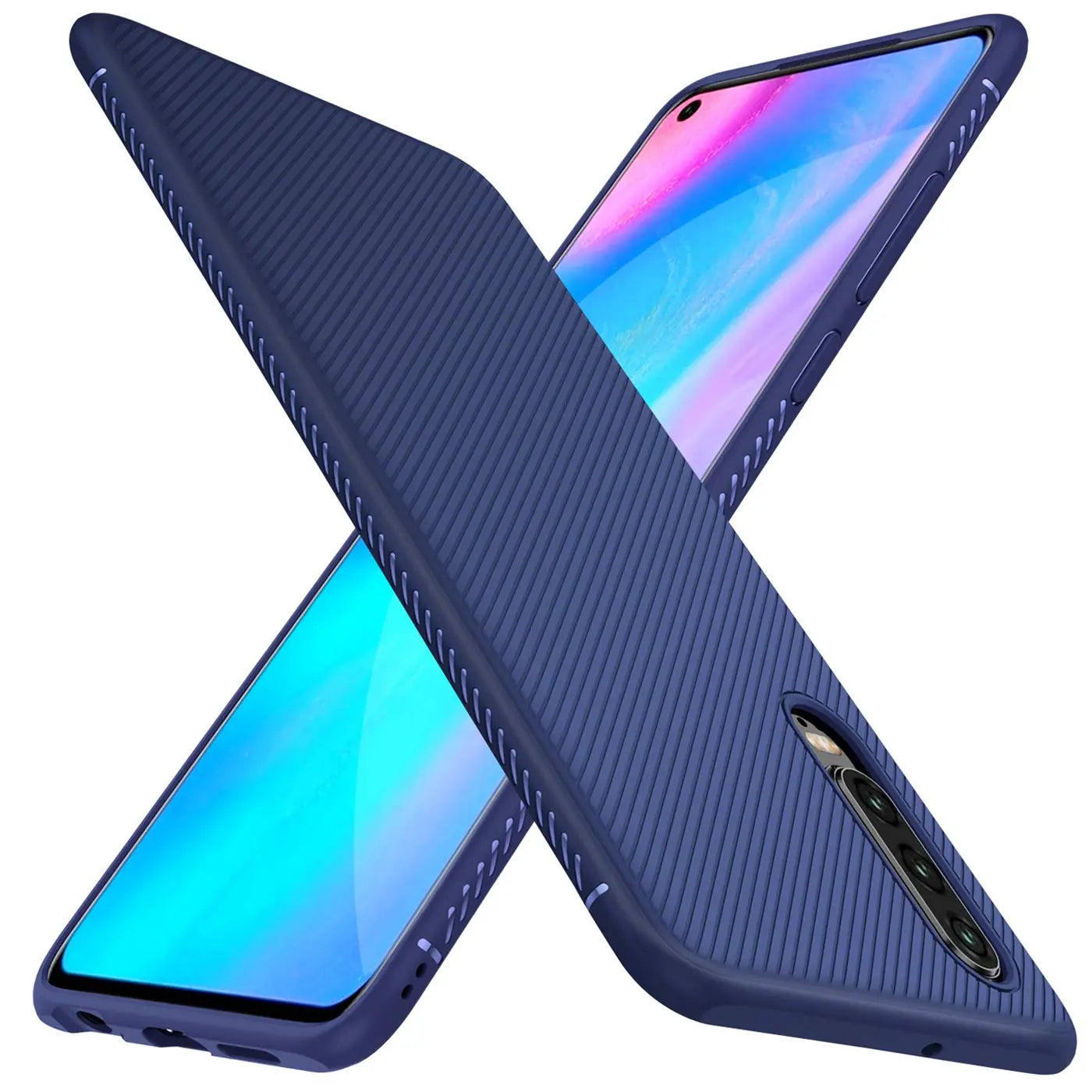 Zwei dunkelblaue, geriffelte Silikonhüllen für das Huawei P30, diagonal gekreuzt, Vorder- und Rückseite sichtbar.