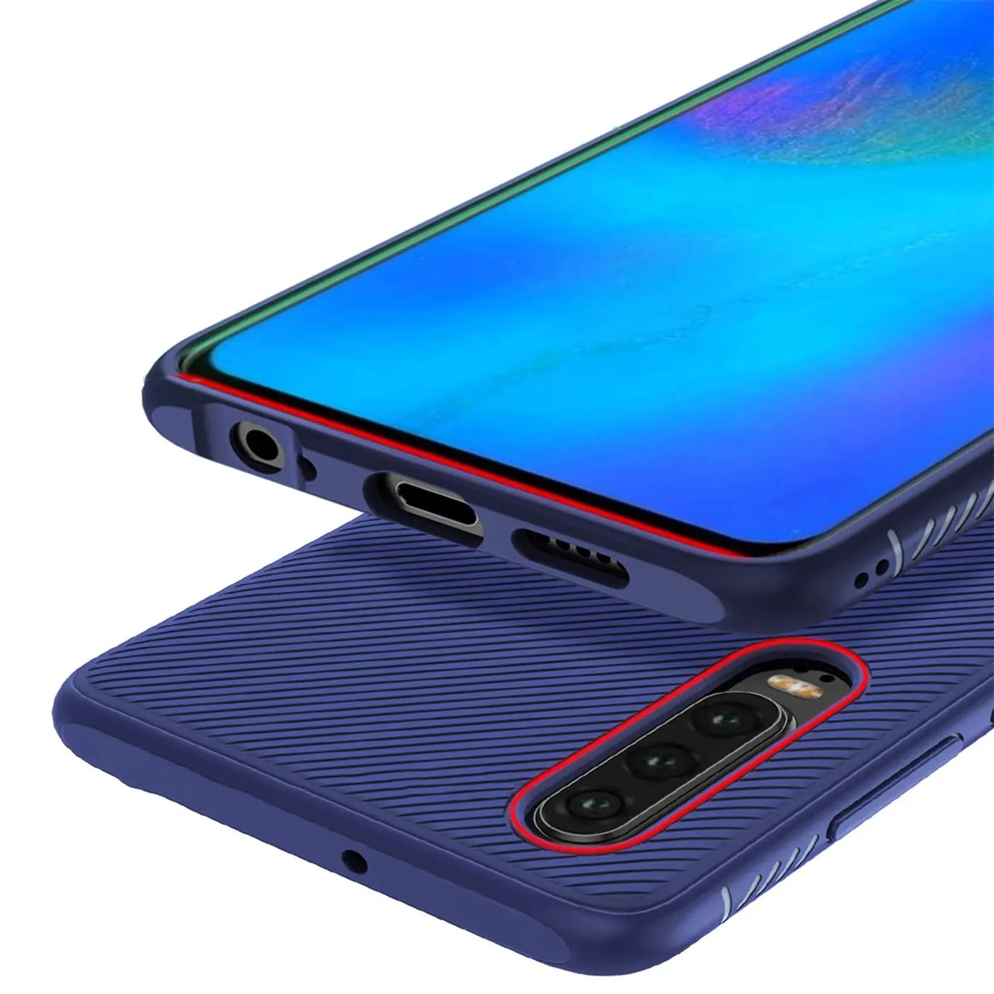 Dunkelblaue, geriffelte Silikonhülle für Huawei P30, schräg von oben, mit rotem Rand um Display und Kamera.