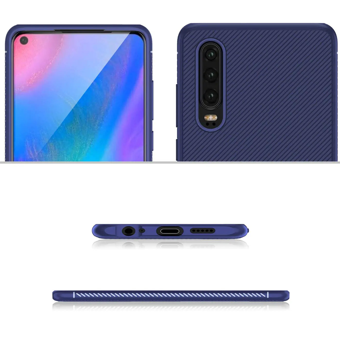 Vier Ansichten einer dunkelblauen, geriffelten Silikonhülle für das Huawei P30: Vorder-, Rück-, Unter- und Seitenansicht.