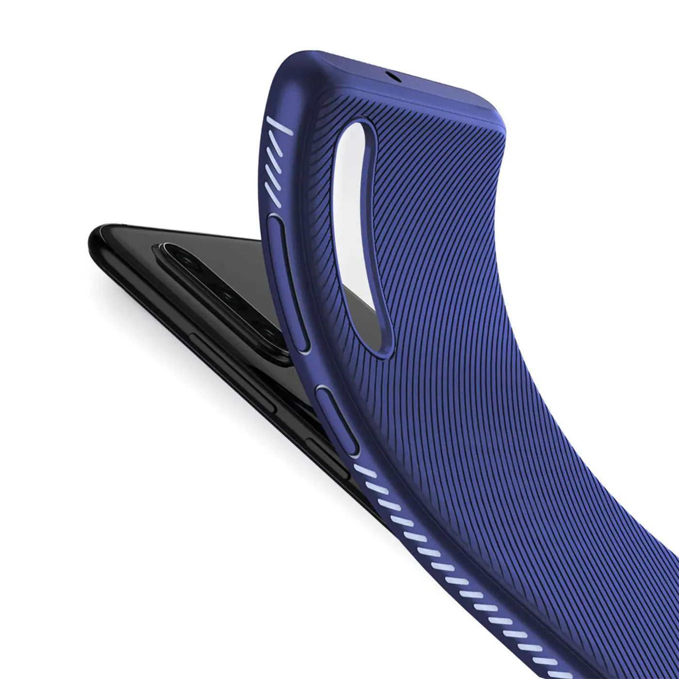Blaue, flexible Silikonhülle für Huawei P30, von oben rechts schräg auf ein schwarzes Smartphone gelegt.