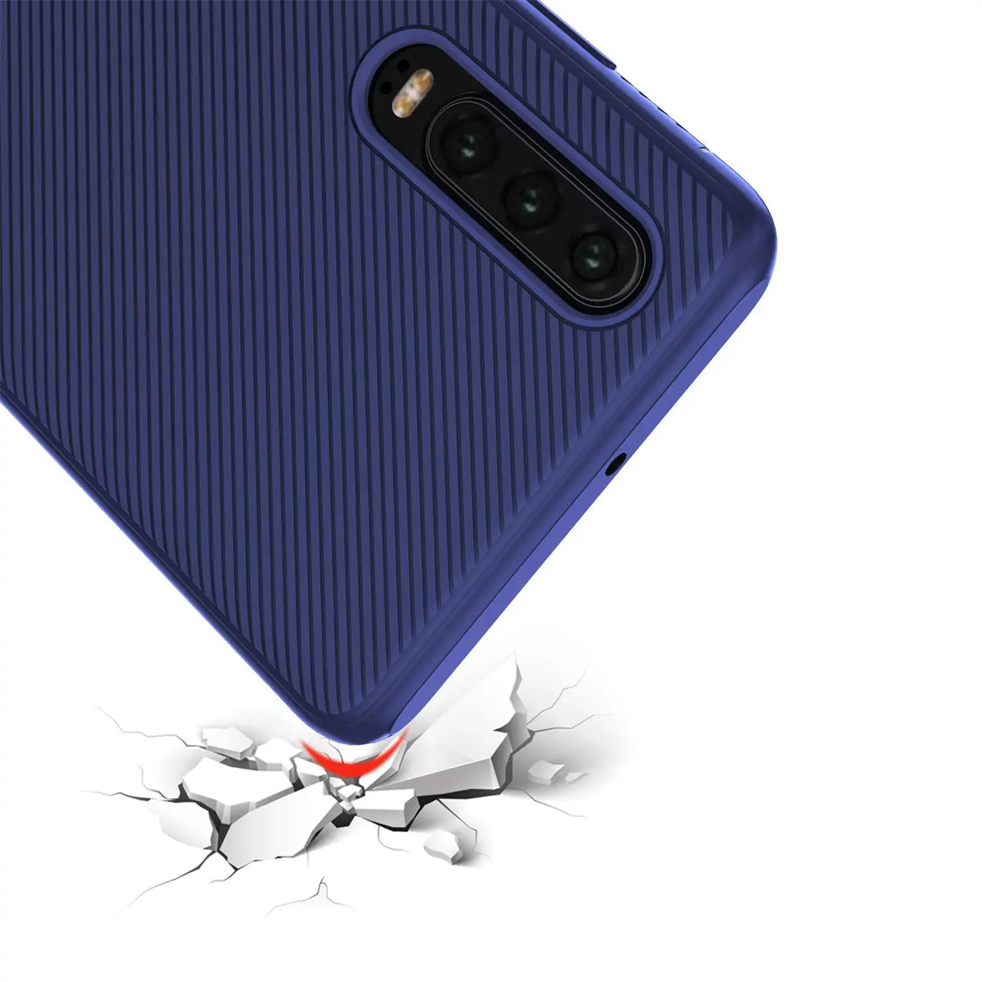 Dunkelblaue, gerippte Silikonhülle für Huawei P30, schräg von oben, mit Kameraausschnitt, fällt auf zerberstenden Boden.