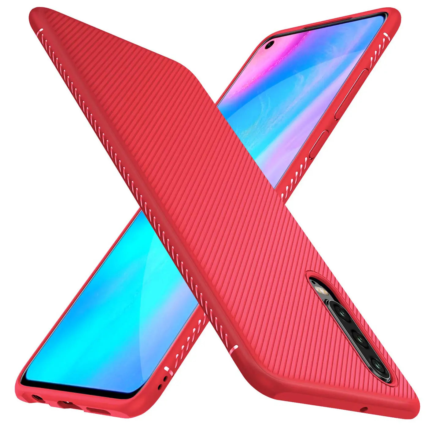 Zwei rote, gerippte Silikon-Schutzhüllen für das Huawei P30, diagonal gekreuzt, Vorder- und Rückseite sichtbar.