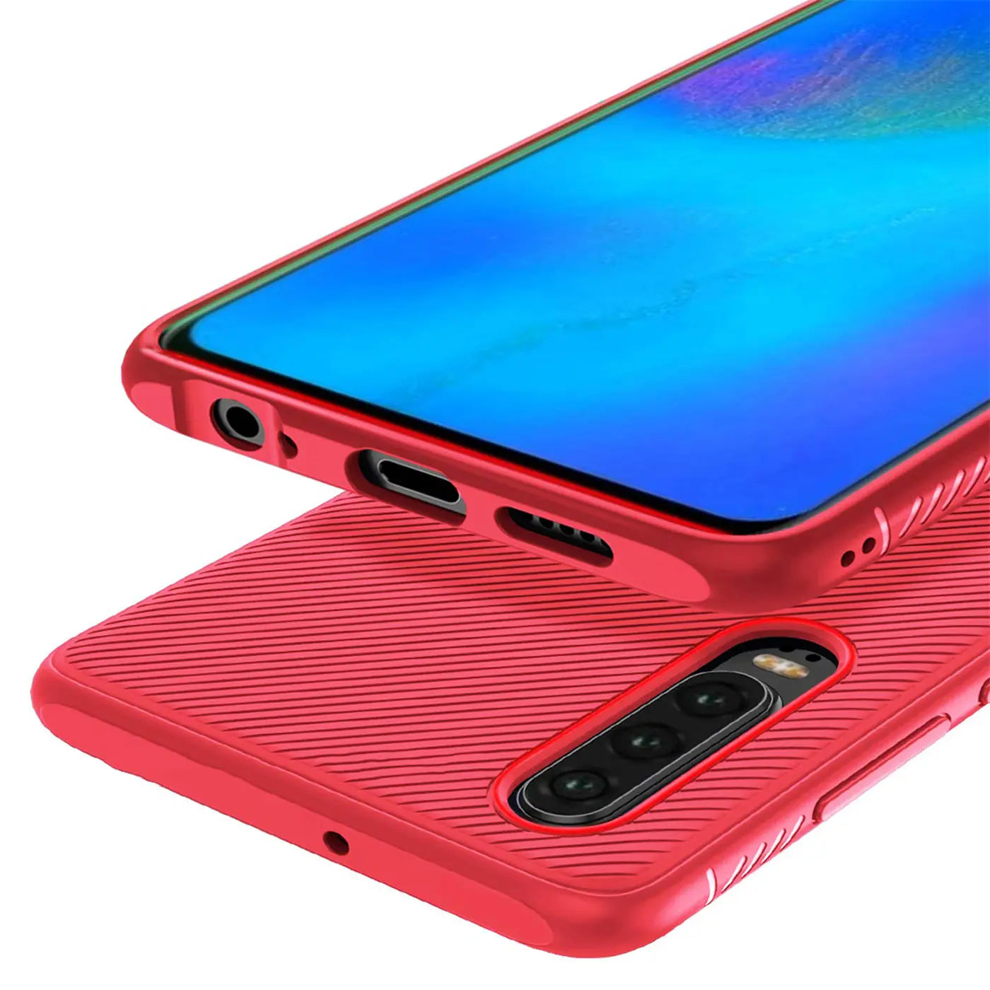 Rote, geriffelte Silikonhülle für Huawei P30, schräg von oben, mit sichtbaren Anschlüssen und Kamera.