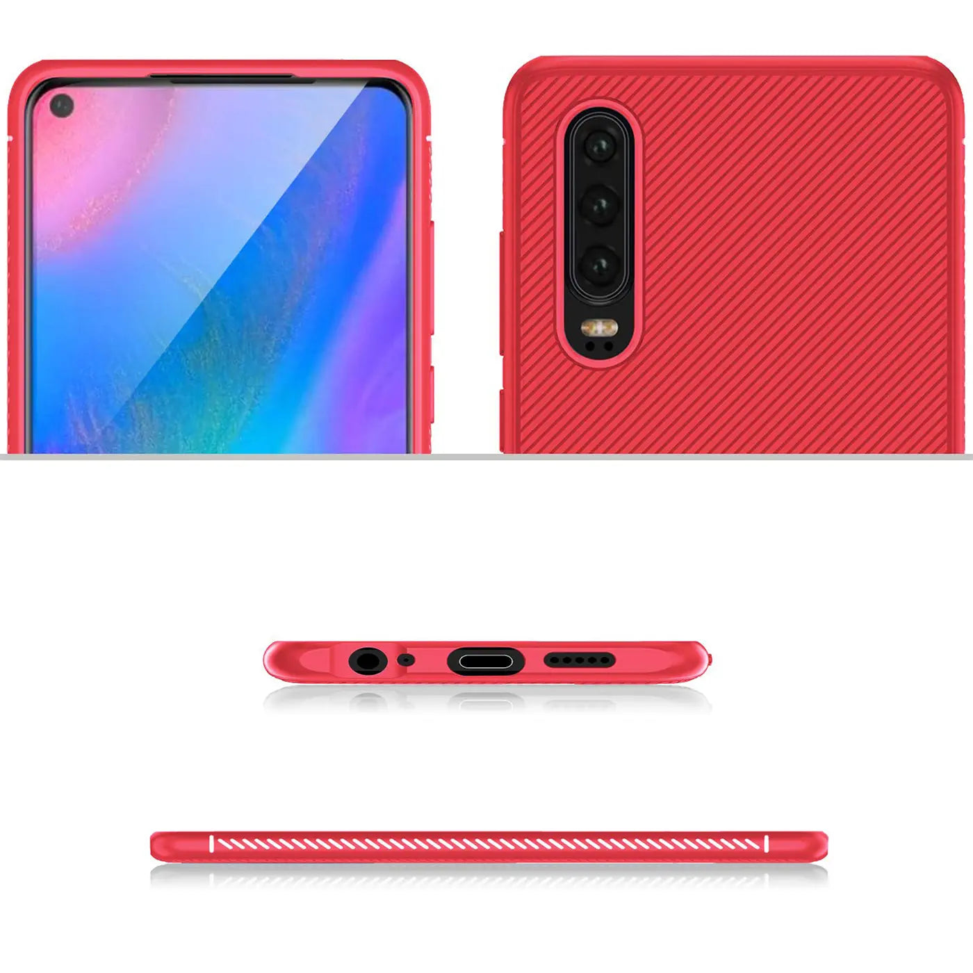Rote, gerippte Silikonhülle für Huawei P30, Ansichten von Vorderseite, Rückseite, Unterseite und Seite.