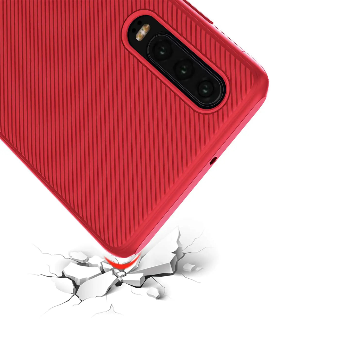 Rote, gerippte Silikonhülle für Huawei P30, fällt auf den unteren Eckpunkt und erzeugt Risse im Boden.