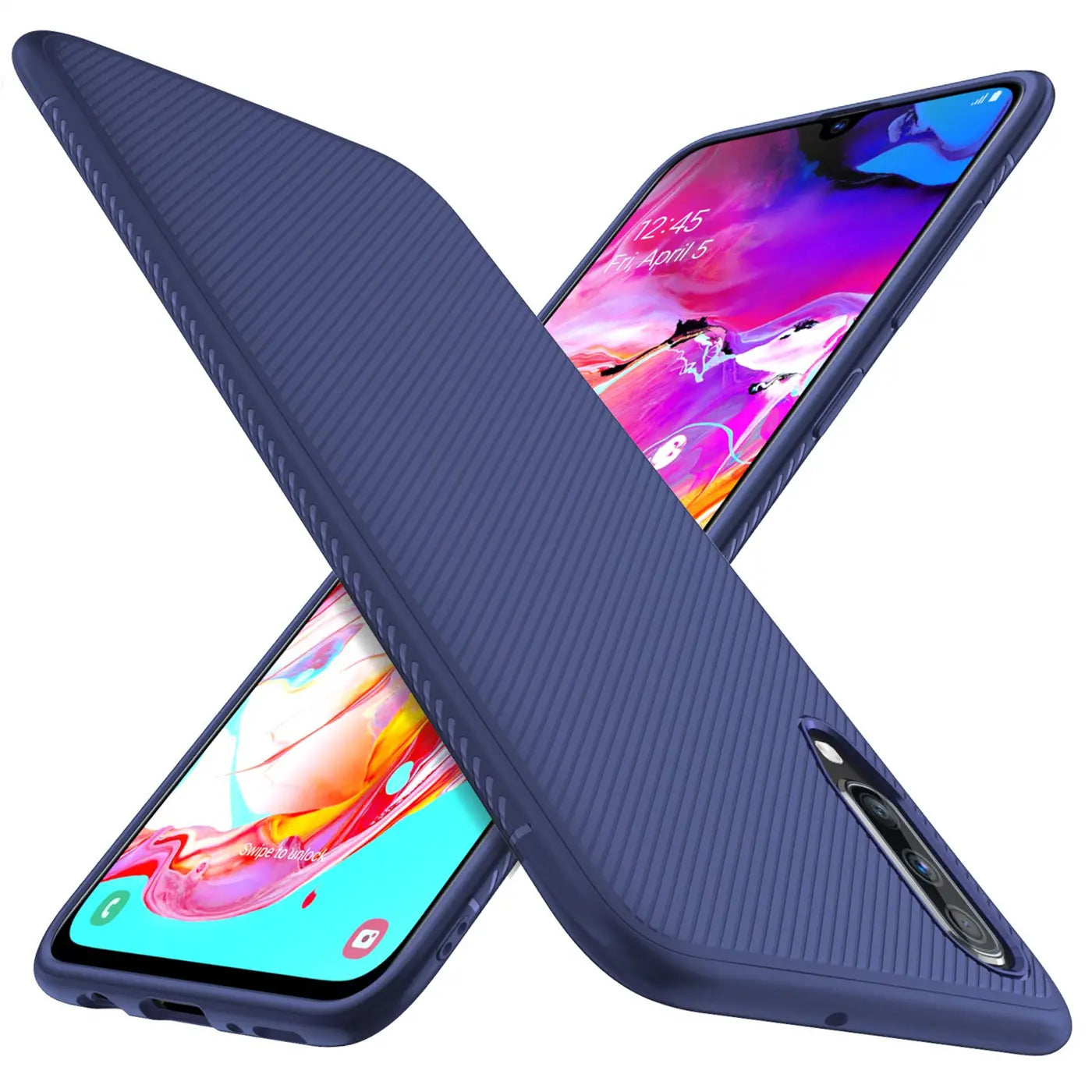 Zwei blaue, gerippte Silikonhüllen für Samsung Galaxy A70/A70s, schräg übereinander, Vorder- und Rückseite sichtbar.
