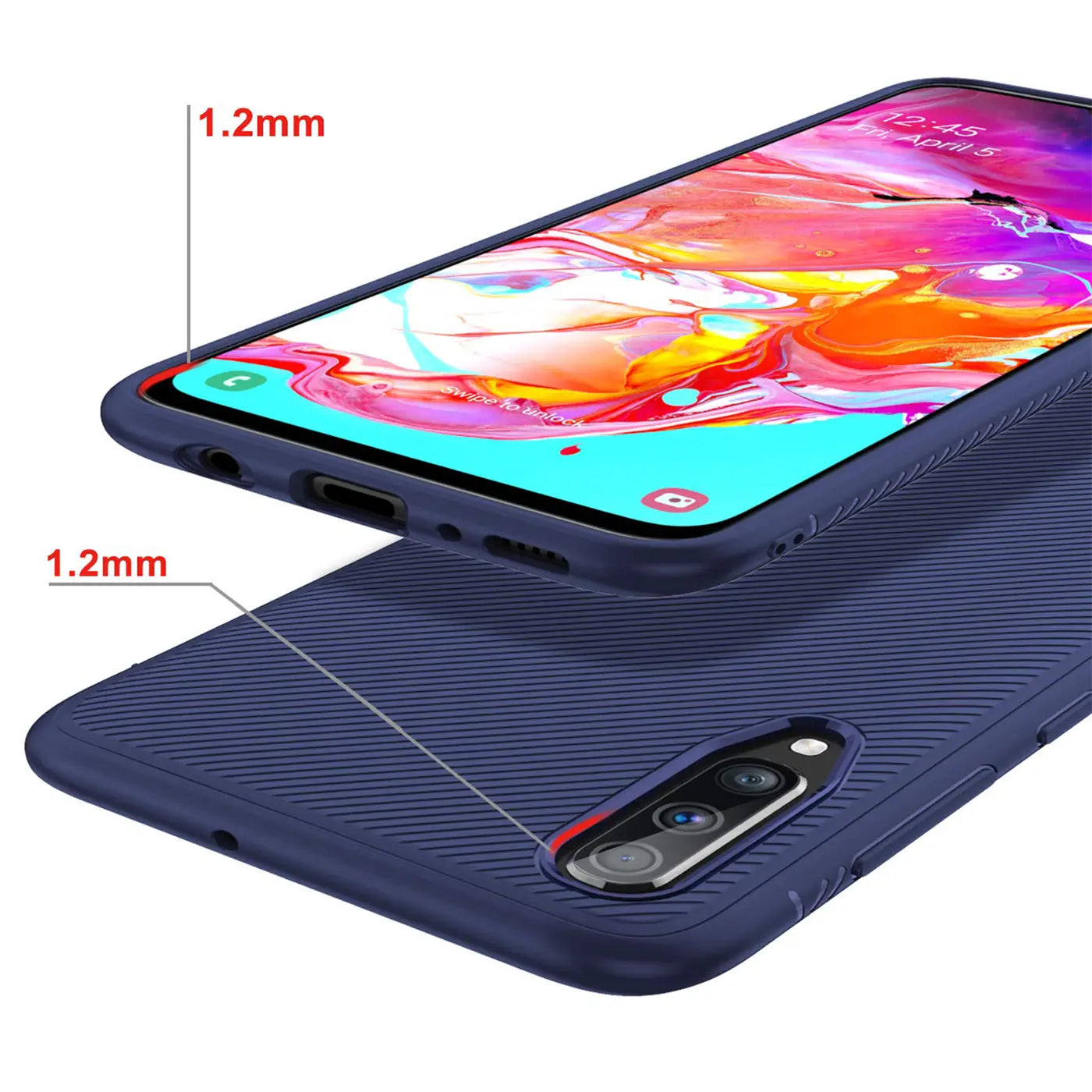 Dunkelblaue, geriffelte Silikonhülle für Samsung Galaxy A70/A70s, Vorder- und Rückseite gezeigt, 1.2mm Überstand.