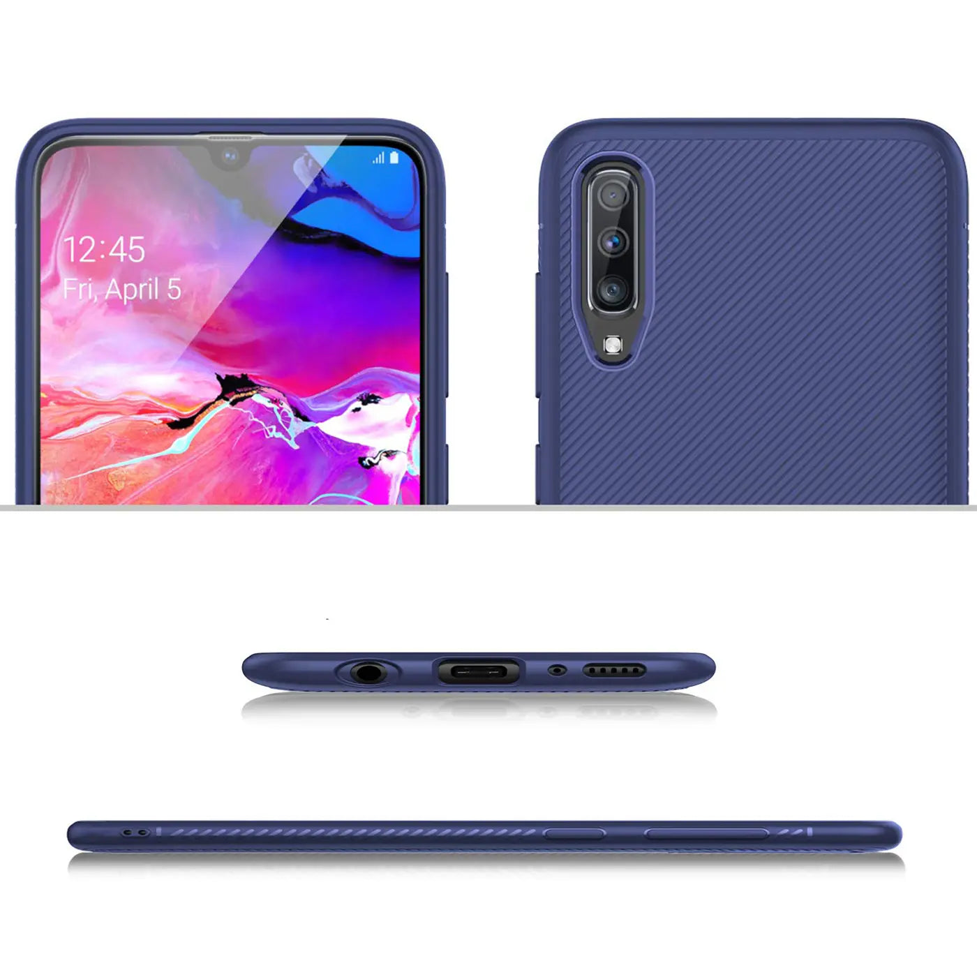 Dunkelblaue, geriffelte Silikonhülle für Samsung Galaxy A70/A70s, Ansichten von Vorderseite, Rückseite, Ober- und Unterseite.