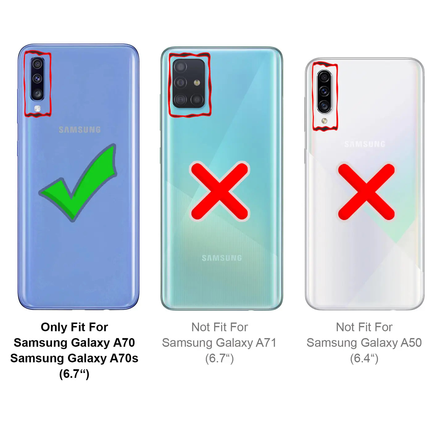 Rückansicht von drei Samsung Galaxy Smartphones: A70/A70s (blau, Haken), A71 (türkis, X), A50 (weiß, X).
