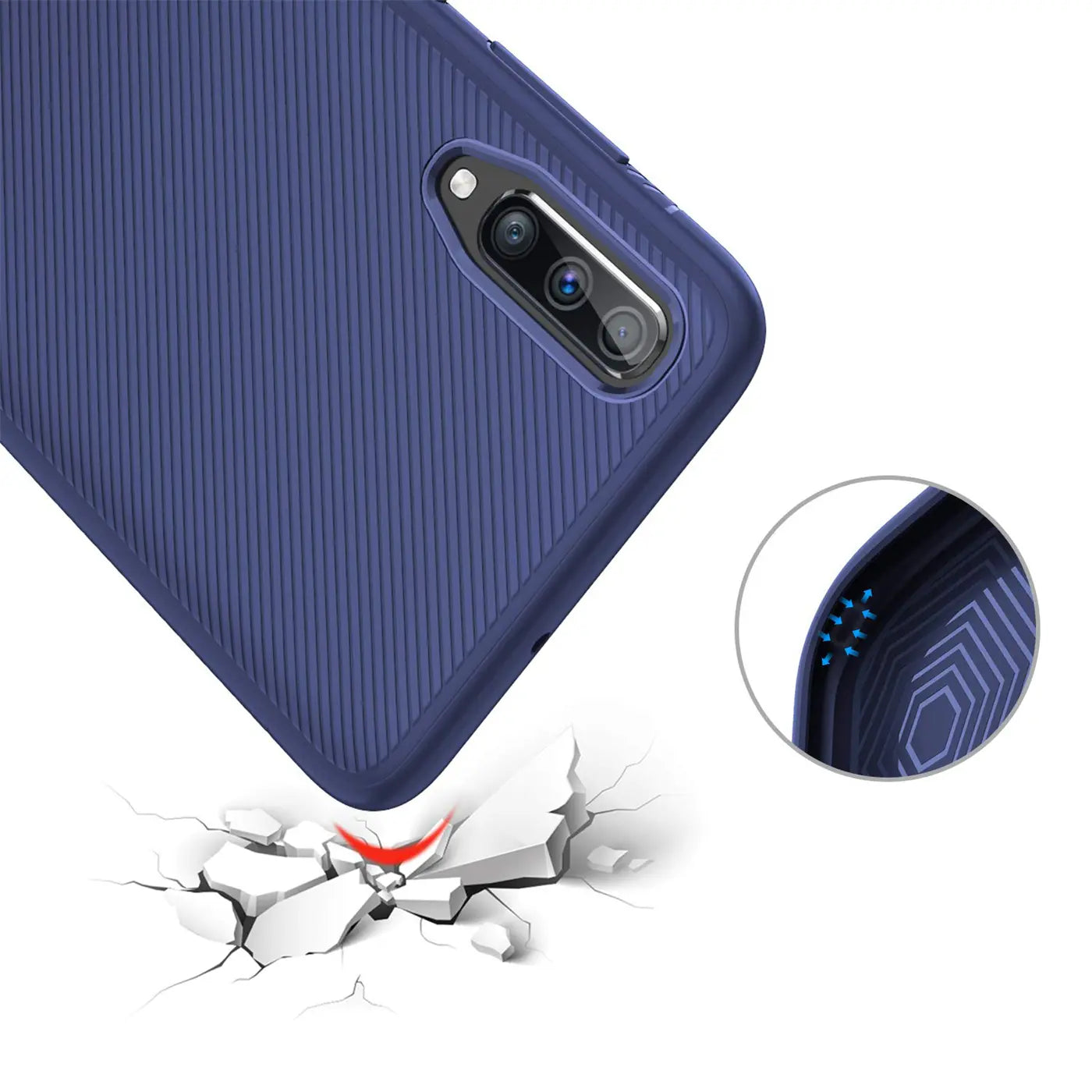Dunkelblaue, gerippte Silikonhülle für Samsung Galaxy A70/A70s, aus der Perspektive eines Sturzes auf den Boden.