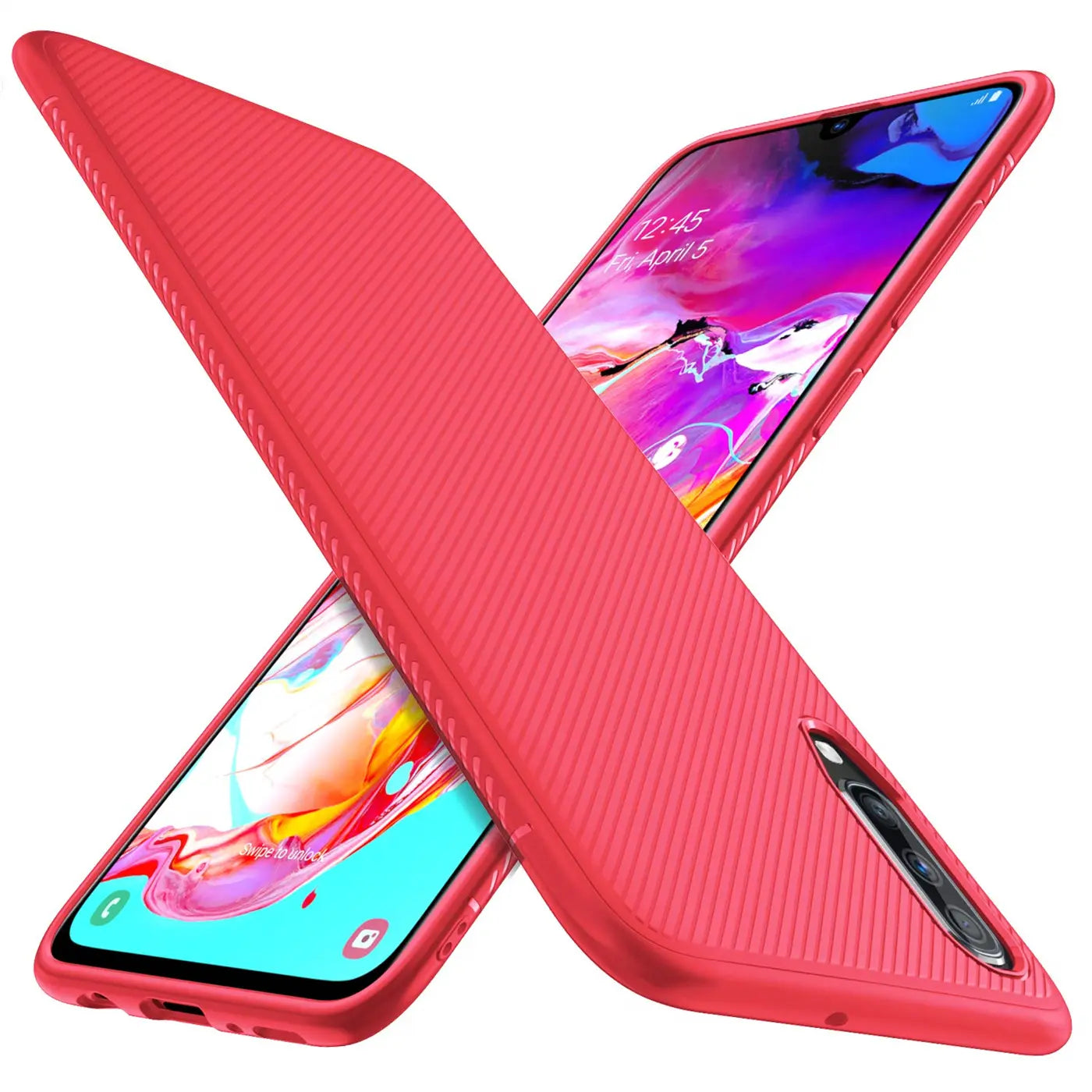 Zwei rote, gerippte Silikonhüllen für Samsung Galaxy A70/A70s, schräg übereinander liegend, auf weißem Hintergrund.
