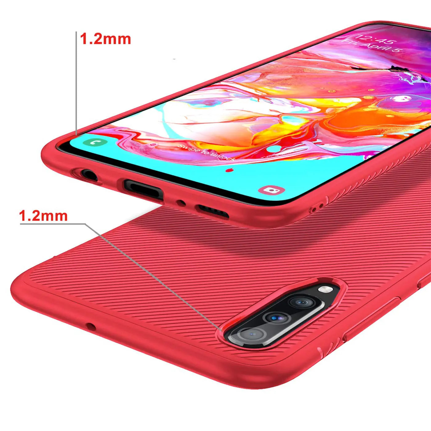 Rote, gerippte Silikonhülle für Samsung Galaxy A70/A70s, Vorder- und Rückseite gezeigt, mit 1.2mm Dicke markiert.
