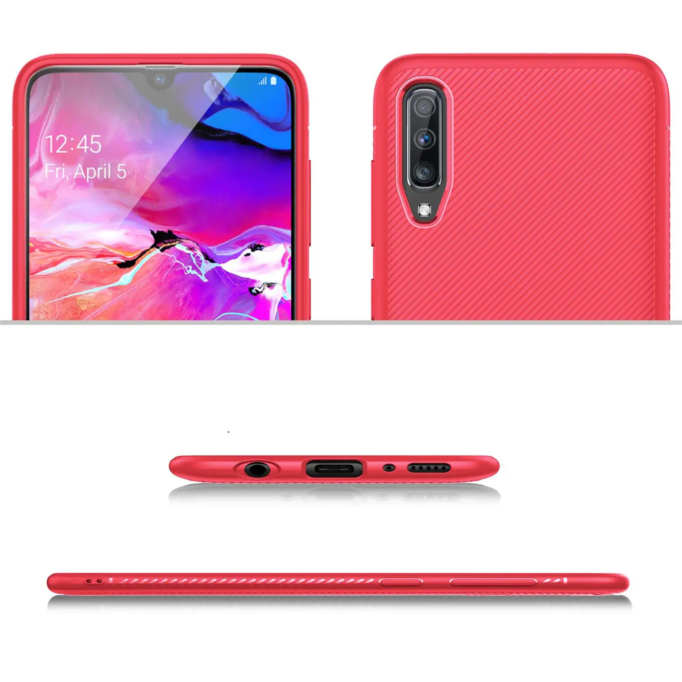 Rote, geriffelte Silikonhülle für Samsung Galaxy A70/A70s, Ansichten von Vorderseite, Rückseite, Ober- und Unterseite.