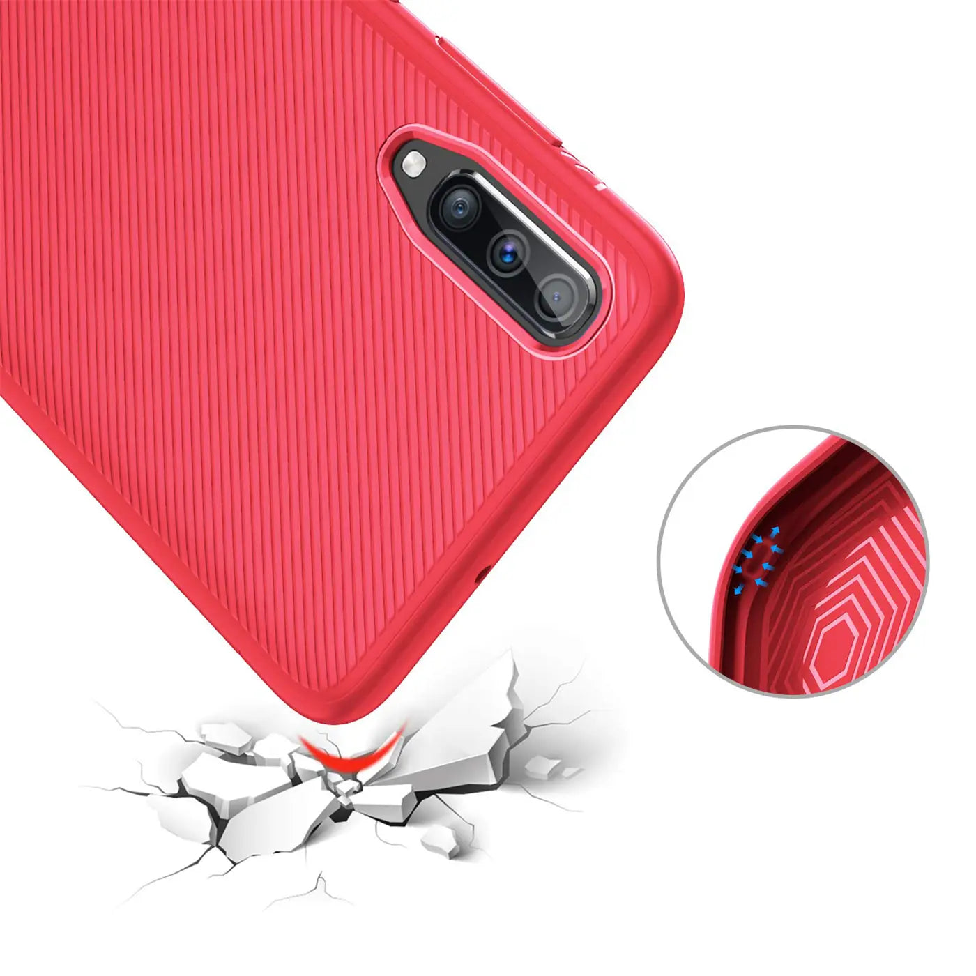 Rote, gerippte Silikonhülle für Samsung Galaxy A70/A70s, schräg von oben, mit Fallschutz-Animation und Detailansicht.