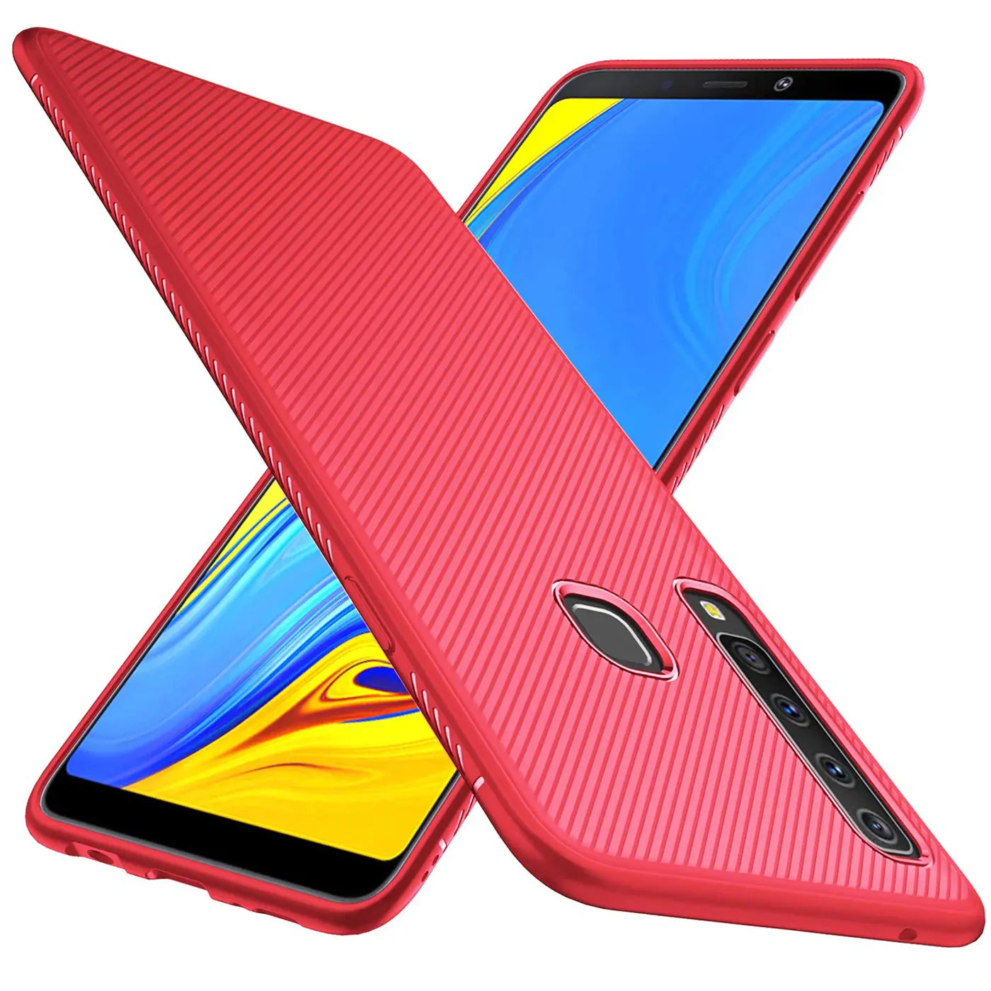 Rote Slim-Hülle aus Kunststoff mit Rillenmuster, schräg von vorne, zeigt Samsung Galaxy A9 2018.