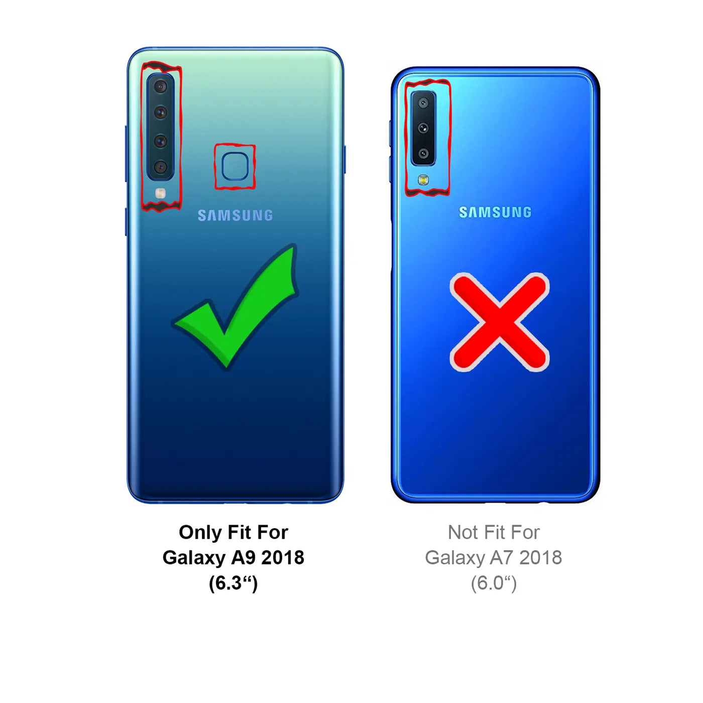 Zwei Samsung-Smartphones, Rückansicht, blau, mit Kameras und Markierungen.