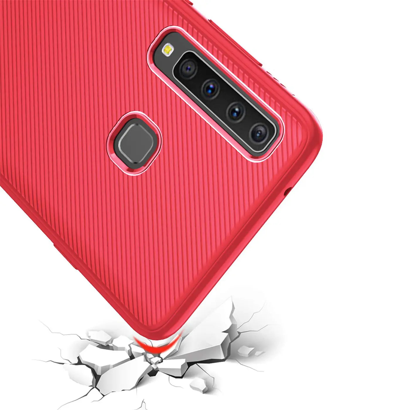 Rote Hülle mit Rillenmuster für Samsung Galaxy A9 2018, Nahaufnahme von hinten.