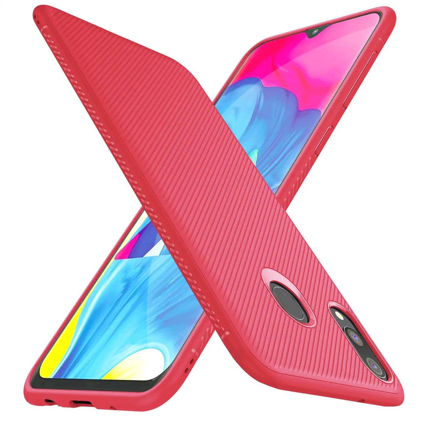 Rote Hülle aus Kunststoff mit Rillenmuster, schräg von oben, zeigt Samsung Galaxy M20.